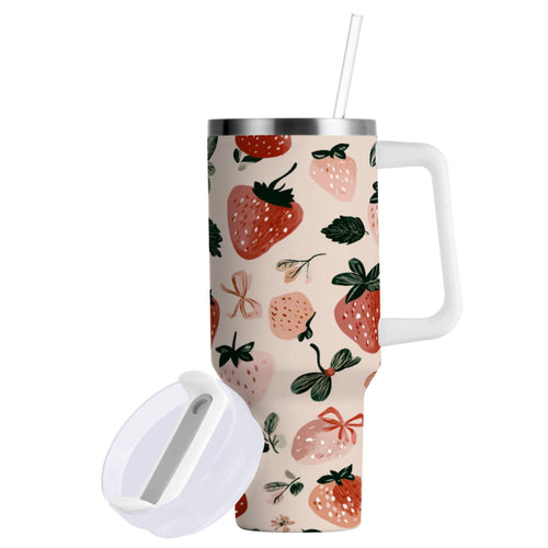 30 oz Insulated Stainless Steel Tumbler Double Wall Stainless Steel Tumbler with 2-Way Drinking Cute Pinks Strawberries Edition-CQ1G