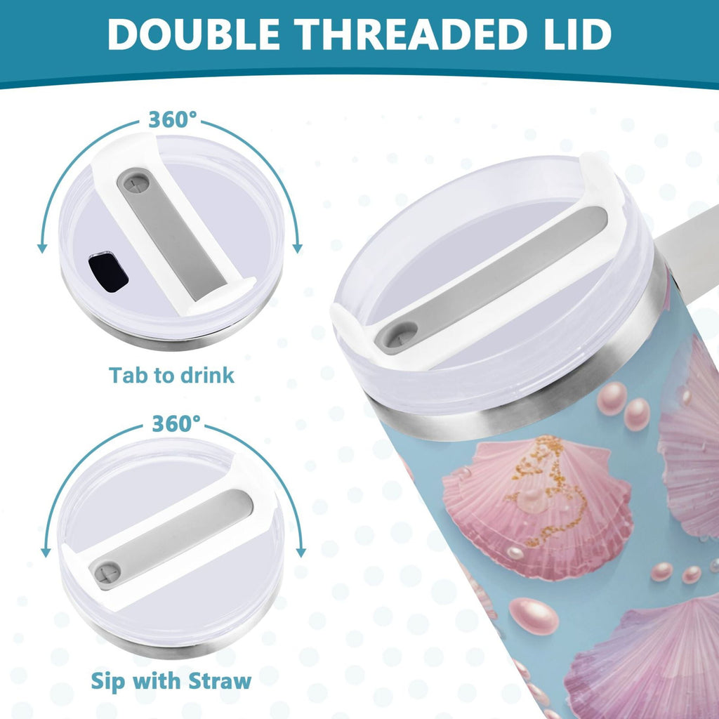 40 oz Insulated Stainless Steel Tumbler Double Wall Stainless Steel Tumbler with 2-Way Drinking Seashells and Pearls Pattern Edition-EKJY