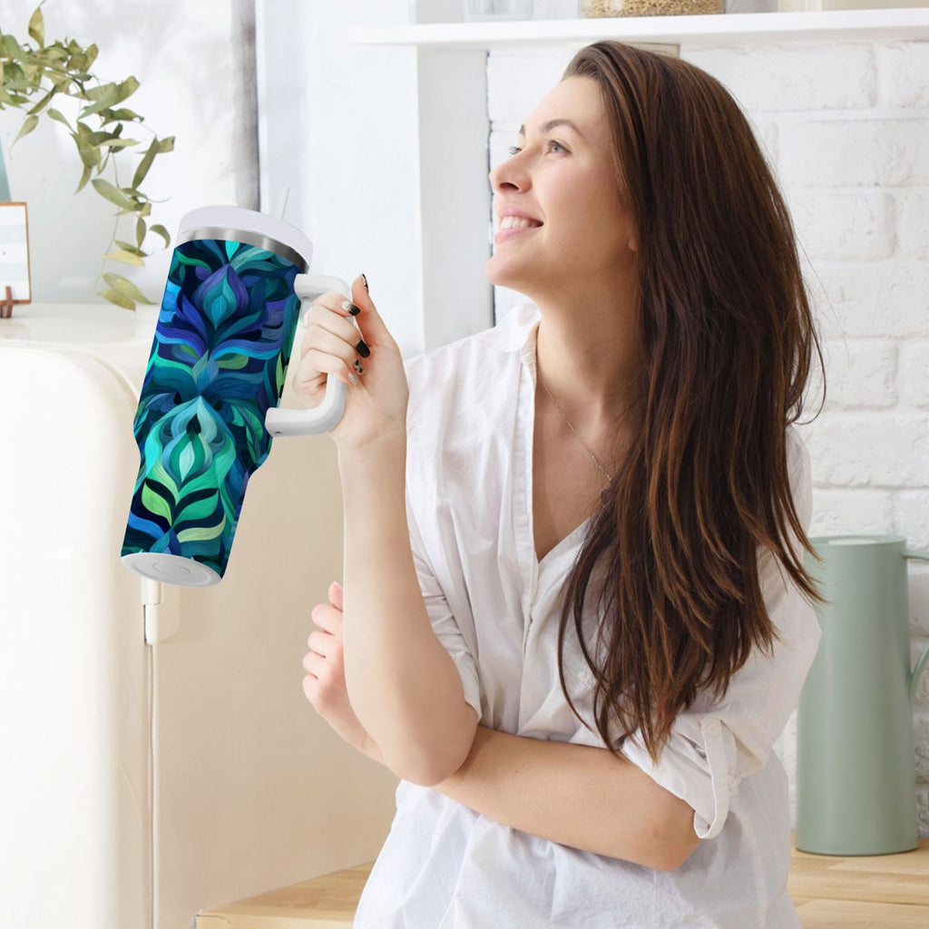 40 oz Insulated Stainless Steel Tumbler Double Wall Stainless Steel Tumbler with 2-Way Drinking Elegant Blue Abstract Shapes Edition-7654