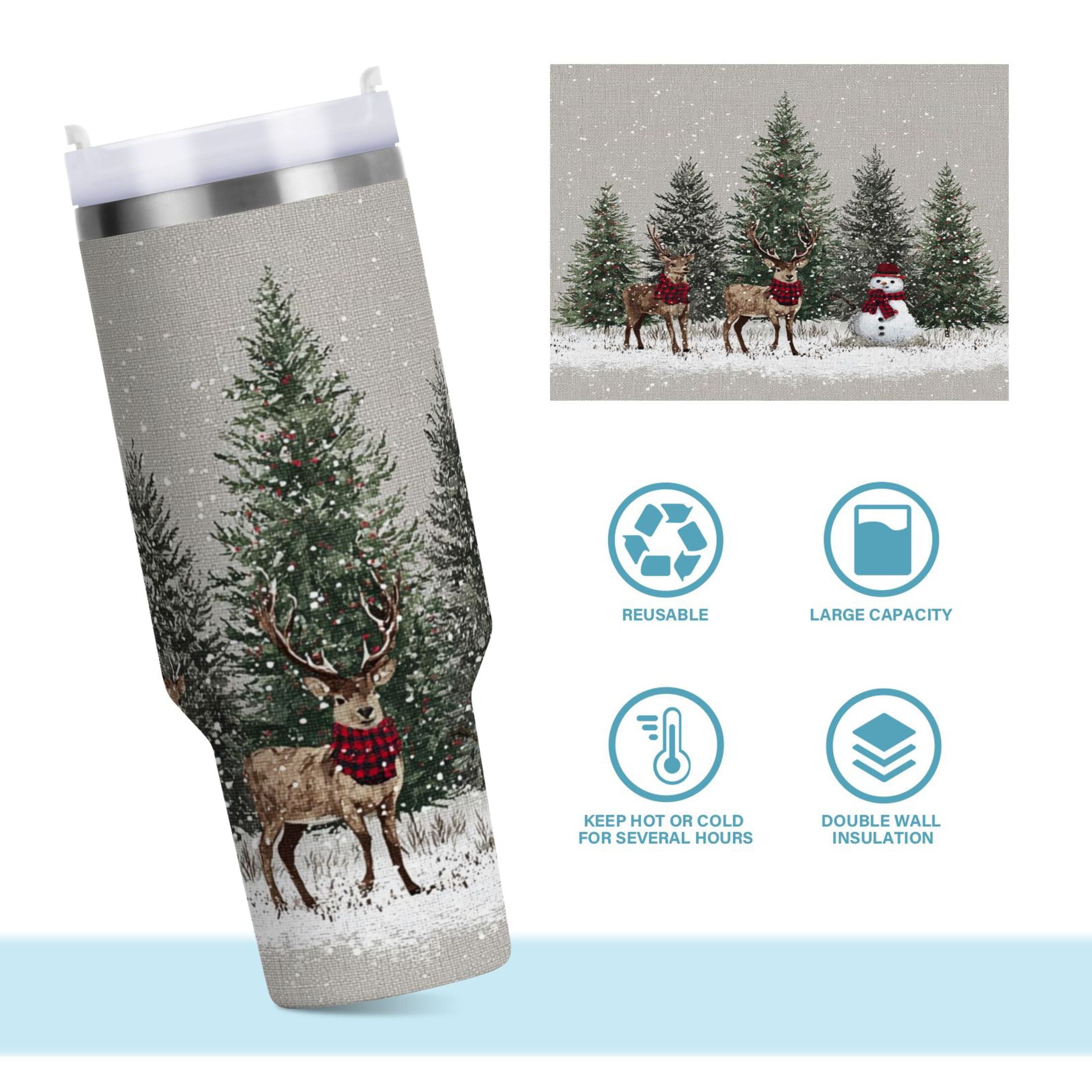 30 oz Insulated Stainless Steel Tumbler Double Wall Stainless Steel Tumbler with 2-Way Drinking Christmas Deer and Snowmen Edition-AZCK