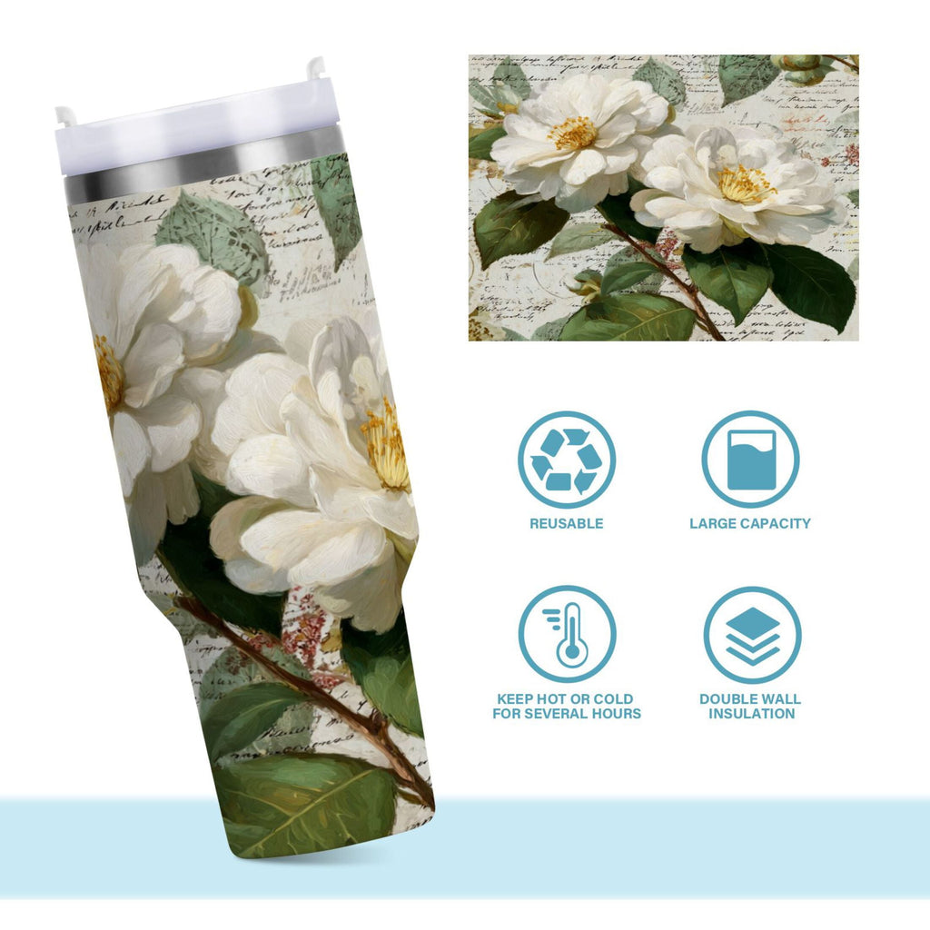 40 oz Insulated Stainless Steel Tumbler Double Wall Stainless Steel Tumbler with 2-Way Drinking Vintage White Camellias Edition-GF37
