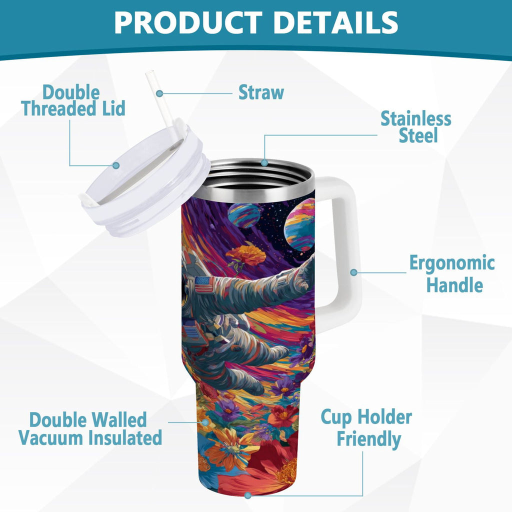 40 oz Insulated Stainless Steel Tumbler Double Wall Stainless Steel Tumbler with 2-Way Drinking Colorful Flowers and Planets Edition-4PRA