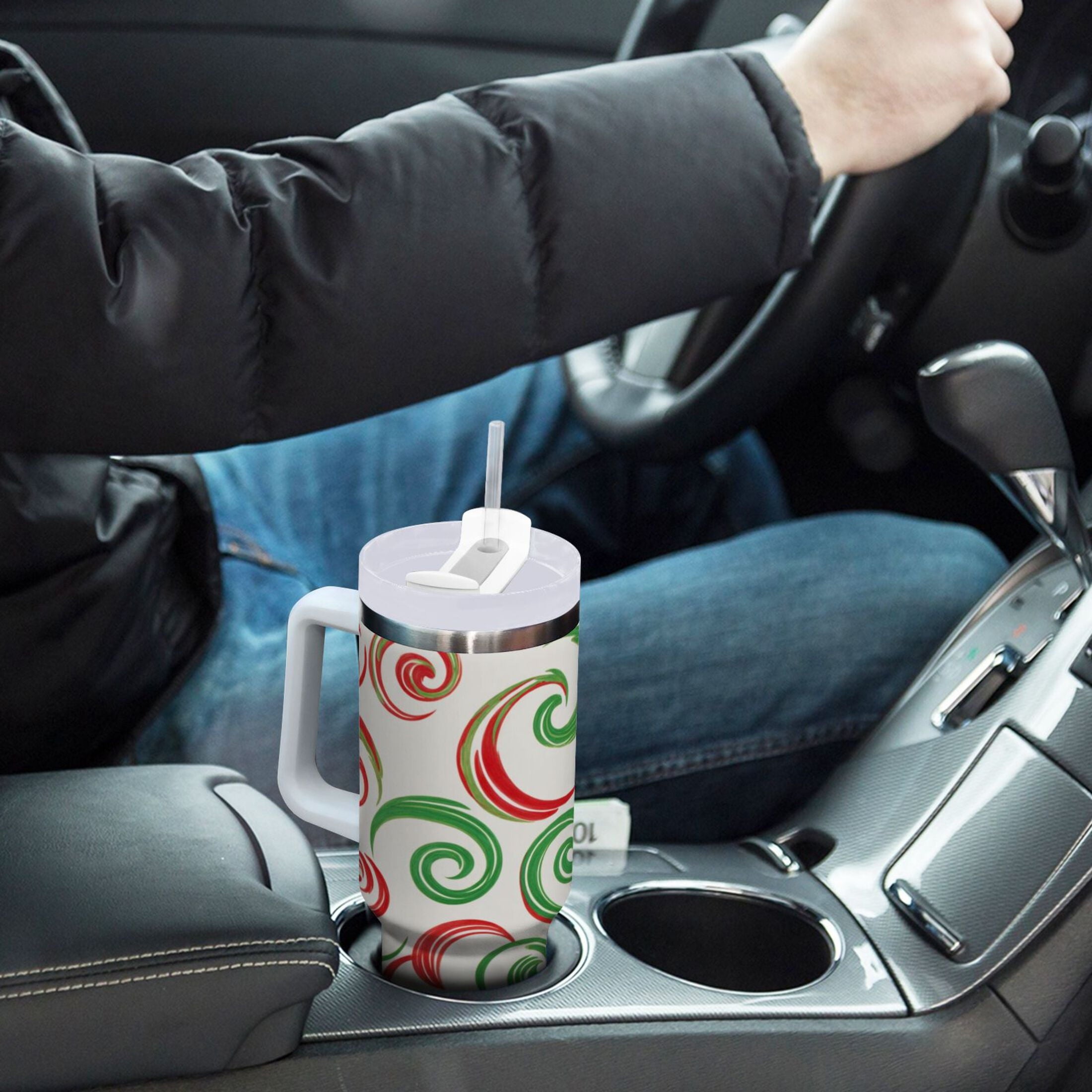 40 oz Insulated Stainless Steel Tumbler Double Wall Stainless Steel Tumbler with 2-Way Drinking Red and Green Swirls Edition-P94G