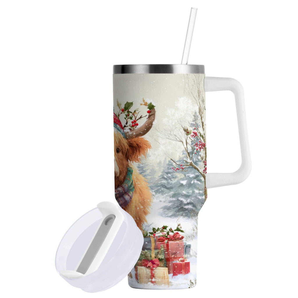 30 oz Insulated Stainless Steel Tumbler Double Wall Stainless Steel Tumbler with 2-Way Drinking Cow Wearing Christmas Hat Edition-6NDO