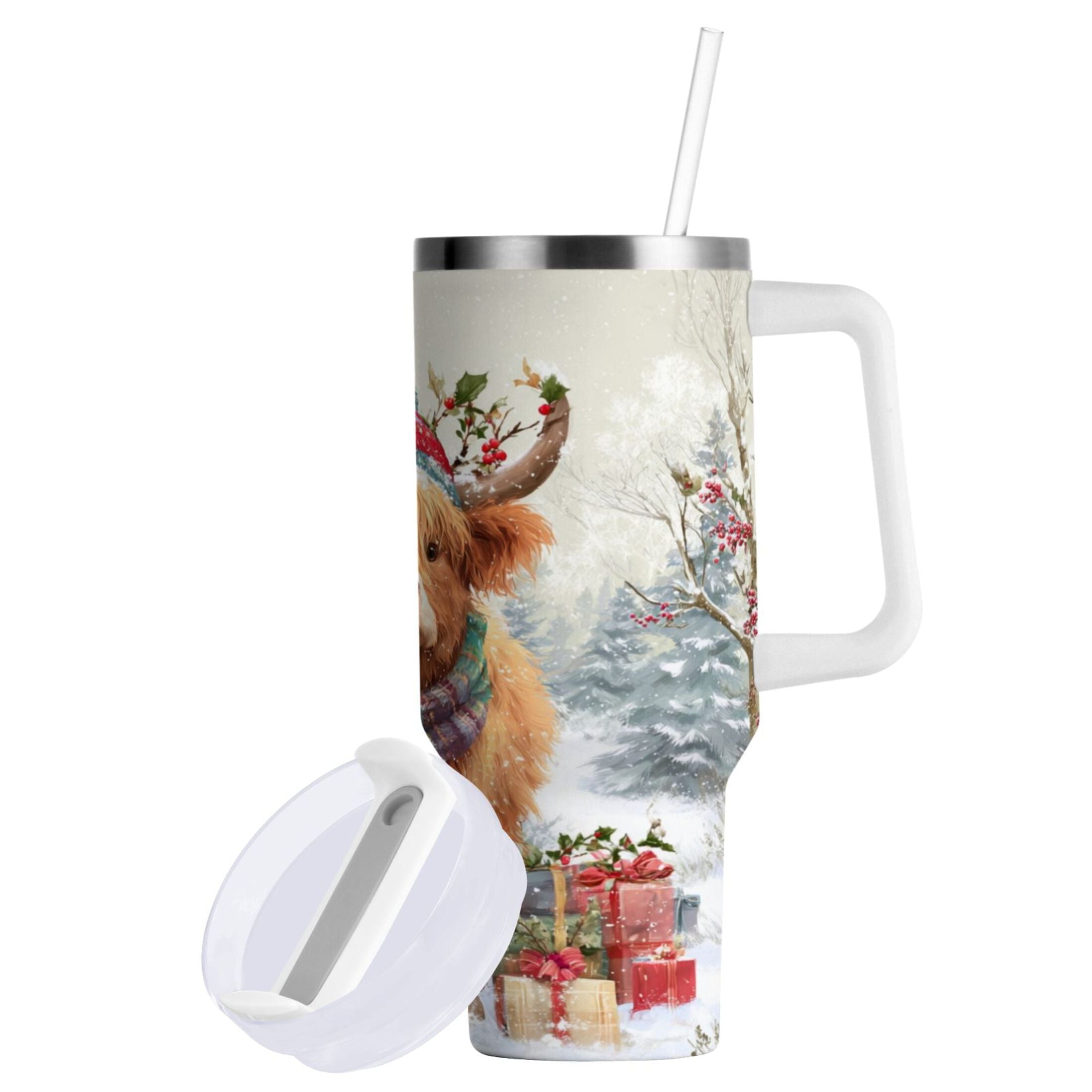 30 oz Insulated Stainless Steel Tumbler Double Wall Stainless Steel Tumbler with 2-Way Drinking Cow Wearing Christmas Hat Edition-6NDO