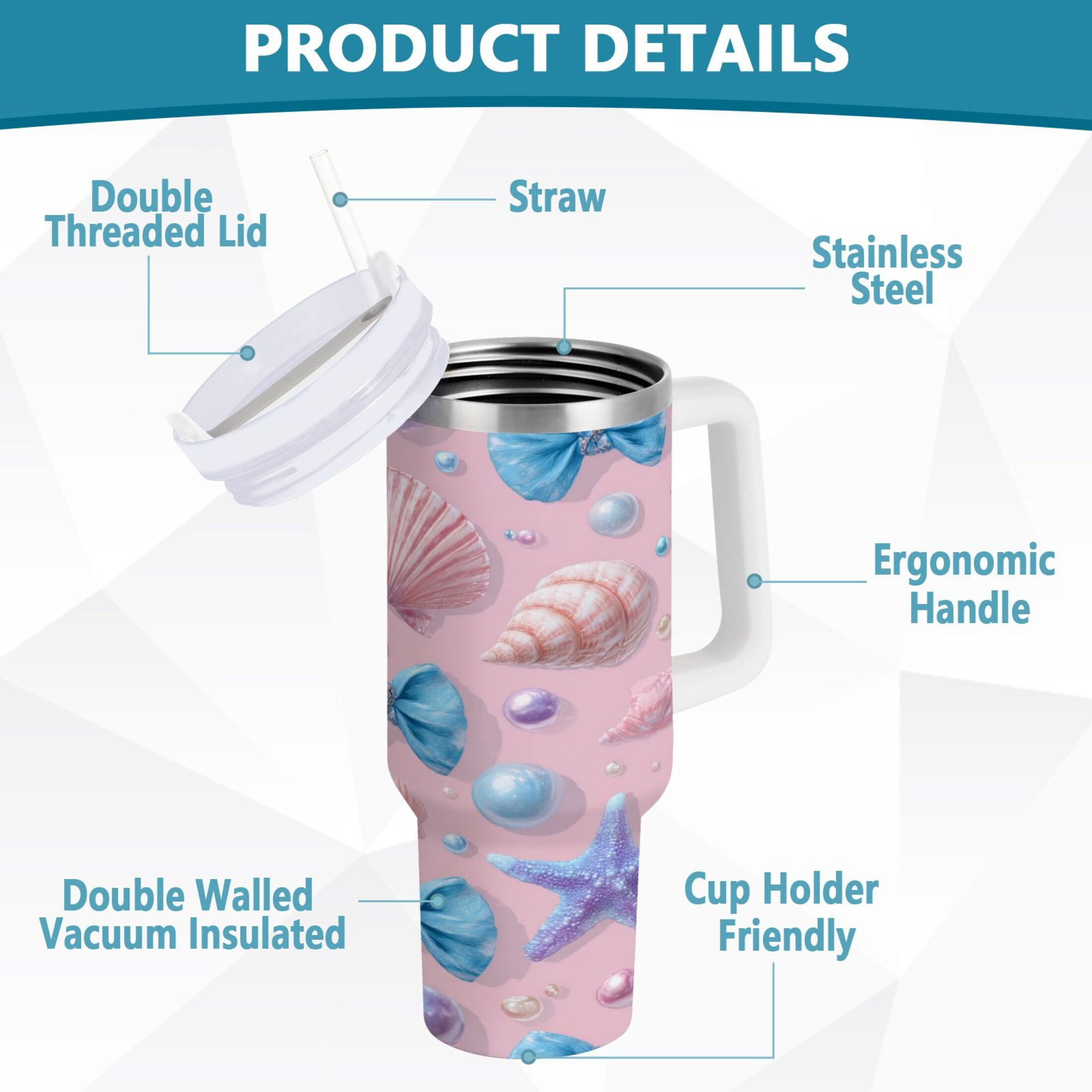 30 oz Insulated Stainless Steel Tumbler Double Wall Stainless Steel Tumbler with 2-Way Drinking Seashells and Bows Edition-2PW2