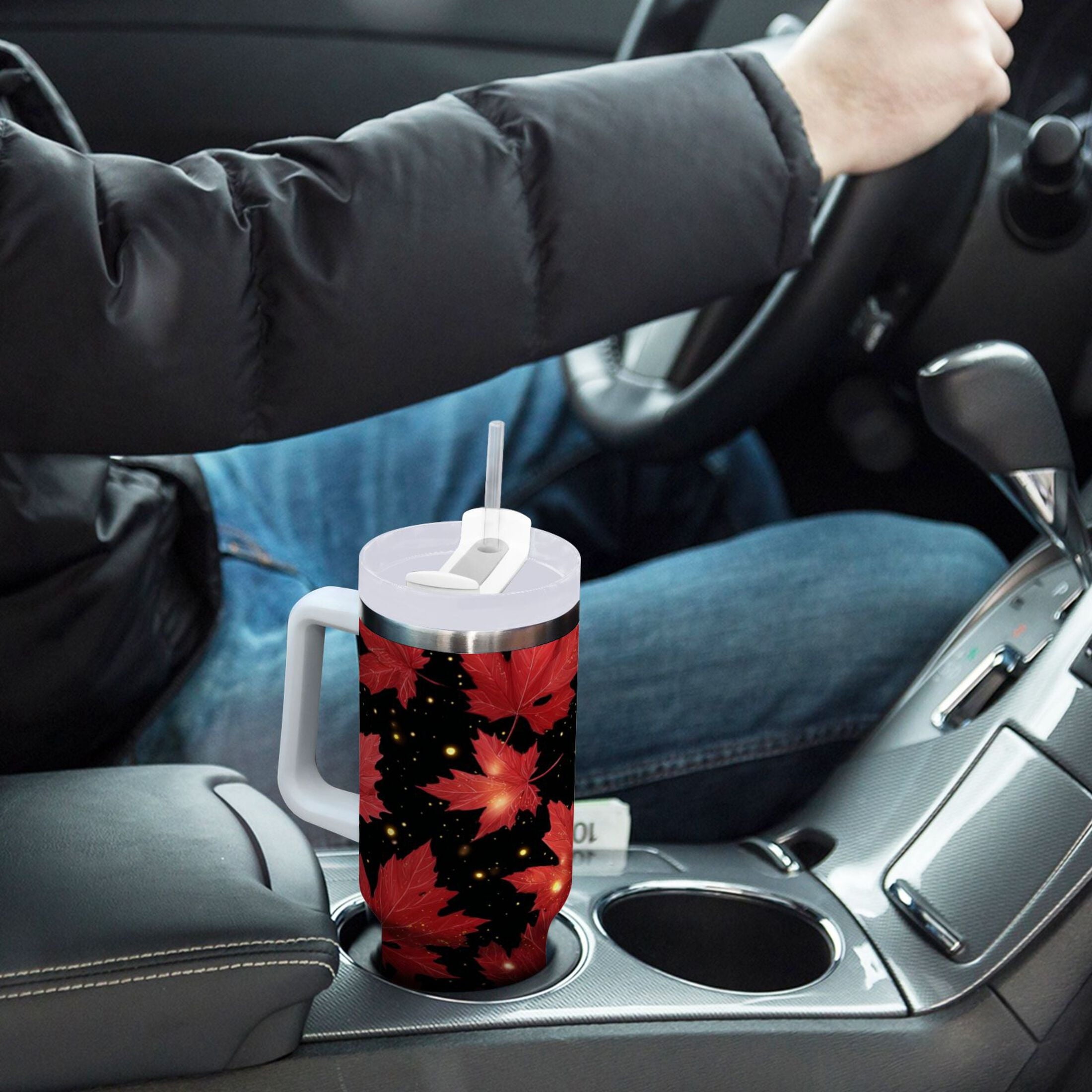40 oz Insulated Stainless Steel Tumbler Double Wall Stainless Steel Tumbler with 2-Way Drinking Maple Leaves and Fireflies Edition-UWTD