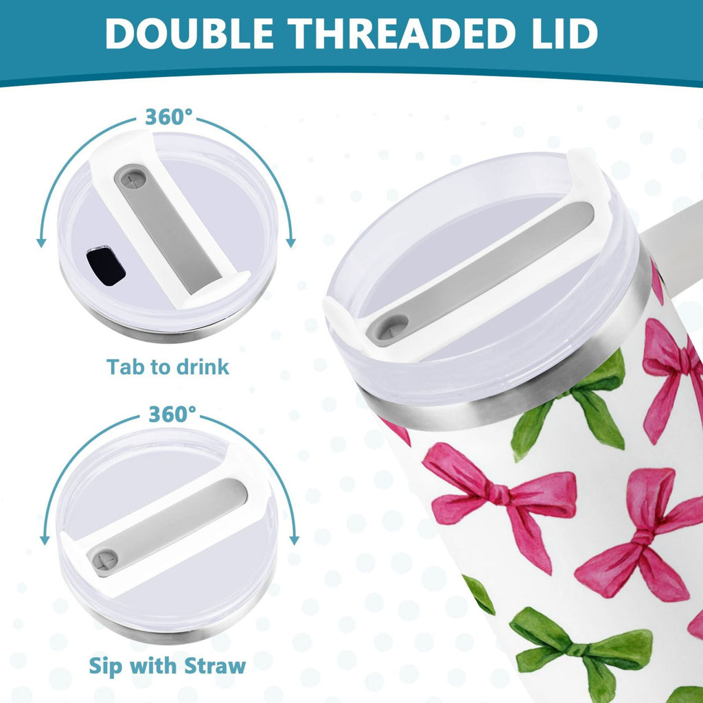 30 oz Insulated Stainless Steel Tumbler Double Wall Stainless Steel Tumbler with 2-Way Drinking Pink Bows and Green Ribbons Edition-SBOP