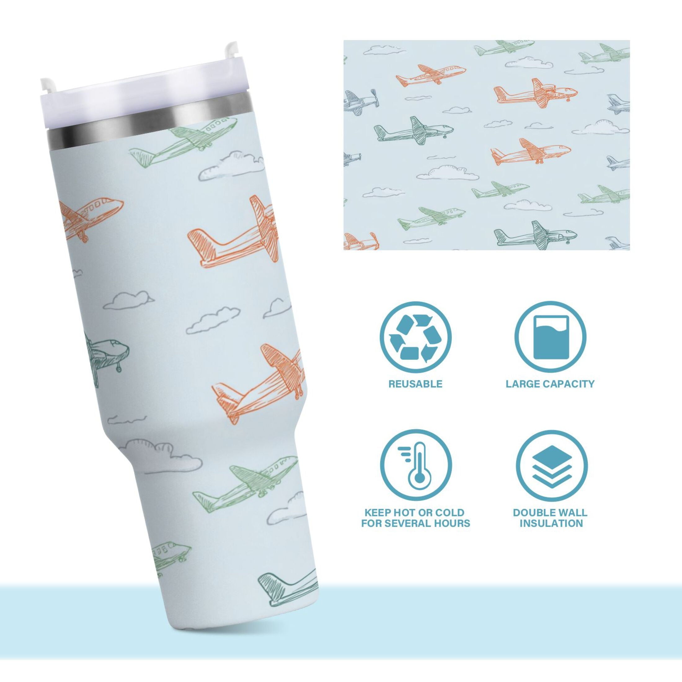 30 oz Insulated Stainless Steel Tumbler Double Wall Stainless Steel Tumbler with 2-Way Drinking Pastel Doodle Airplanes Edition-IB23