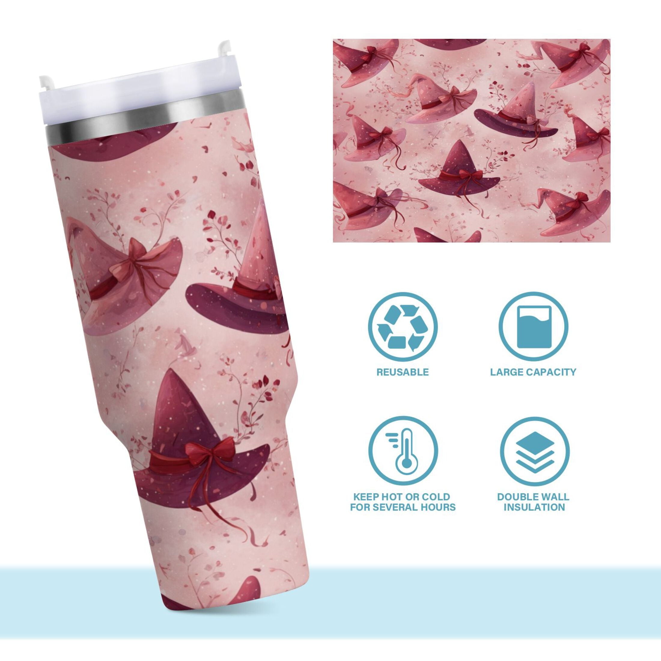 30 oz Insulated Stainless Steel Tumbler Double Wall Stainless Steel Tumbler with 2-Way Drinking Hats with Delicate Bows Edition-W3BB