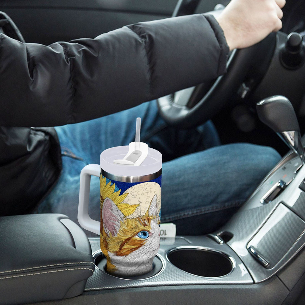 40 oz Insulated Stainless Steel Tumbler Double Wall Stainless Steel Tumbler with 2-Way Drinking Cat Lies in The Sunflowers Edition-9NA2