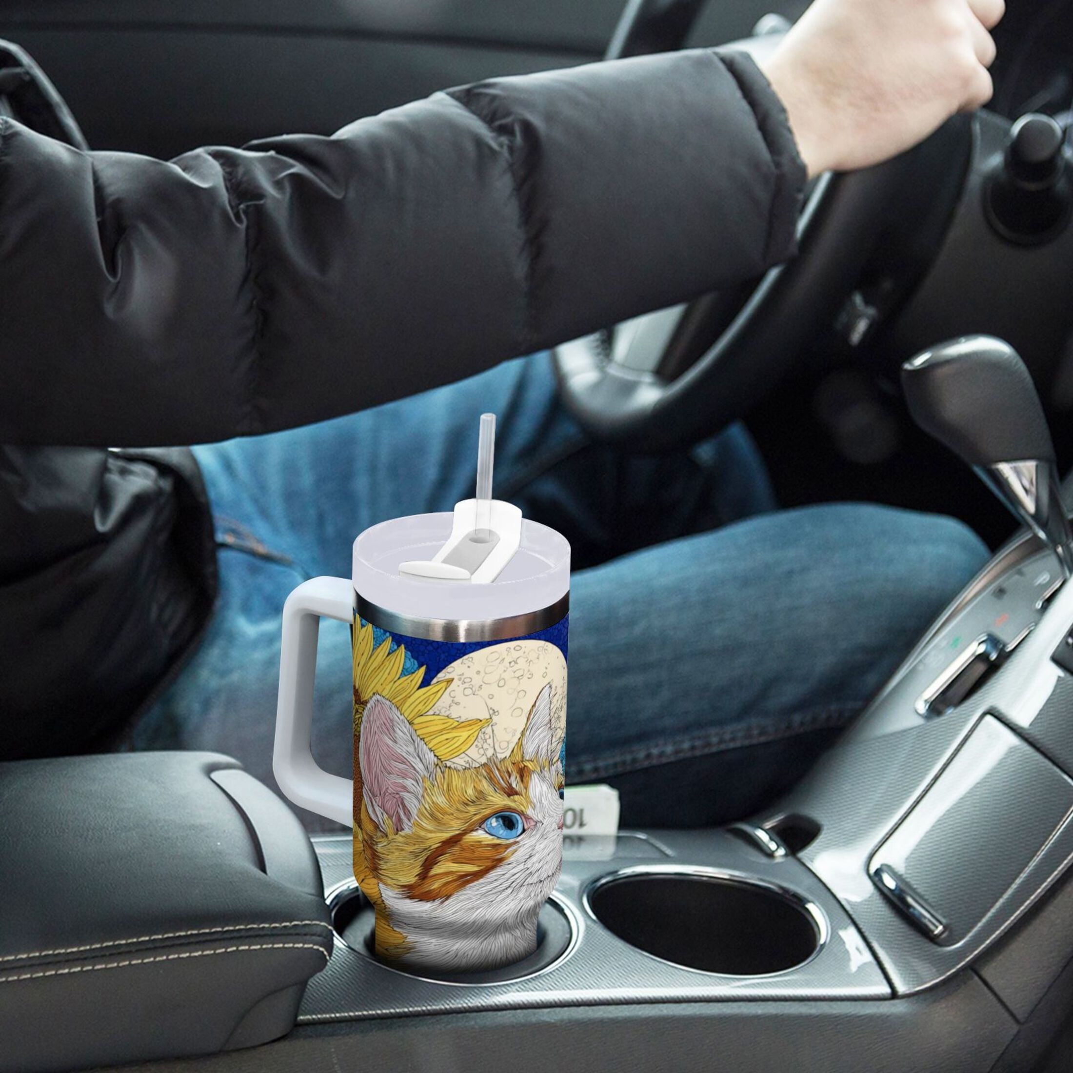 40 oz Insulated Stainless Steel Tumbler Double Wall Stainless Steel Tumbler with 2-Way Drinking Cat Lies in The Sunflowers Edition-9NA2