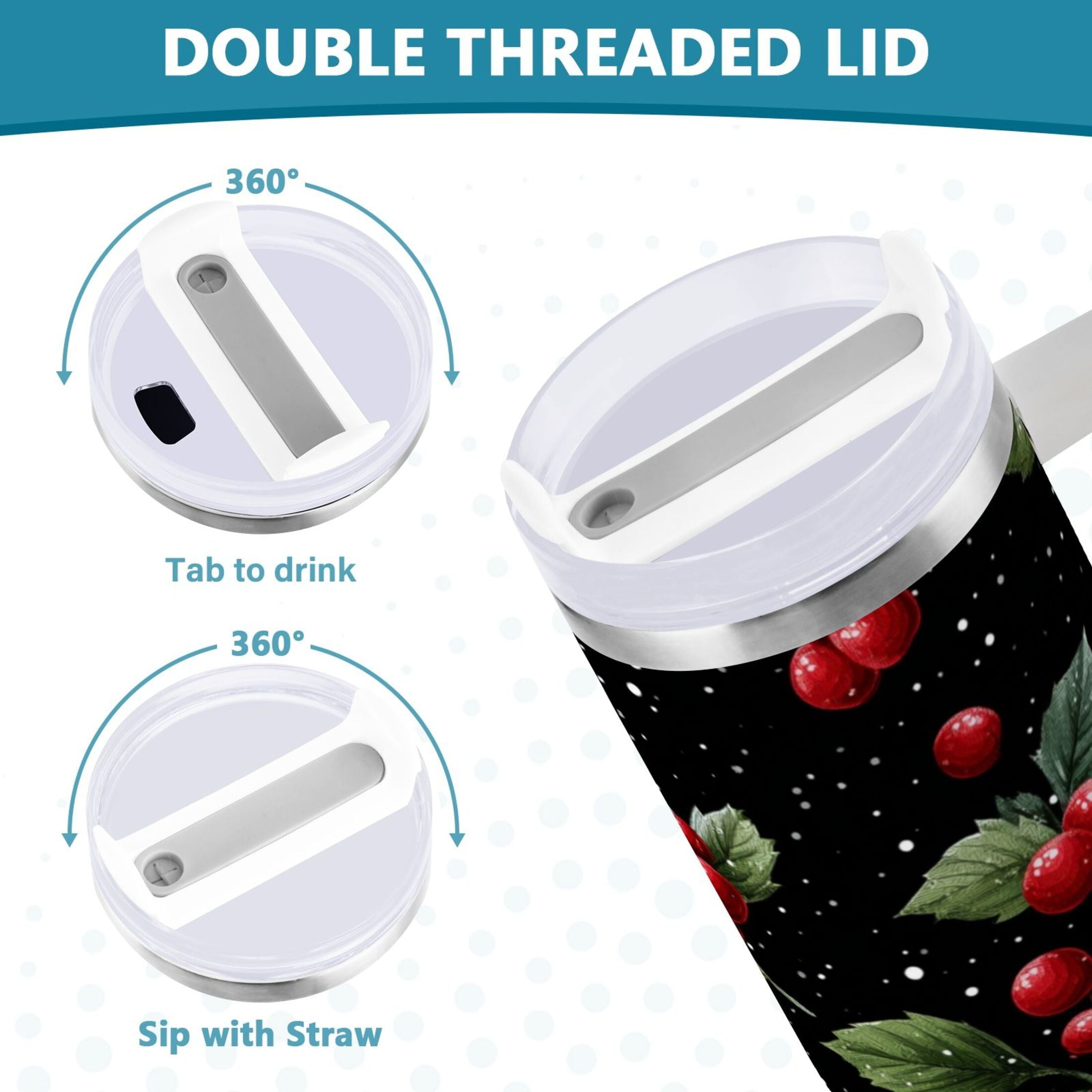 40 oz Insulated Stainless Steel Tumbler Double Wall Stainless Steel Tumbler with 2-Way Drinking Red Holly Berries Pattern Edition-537V