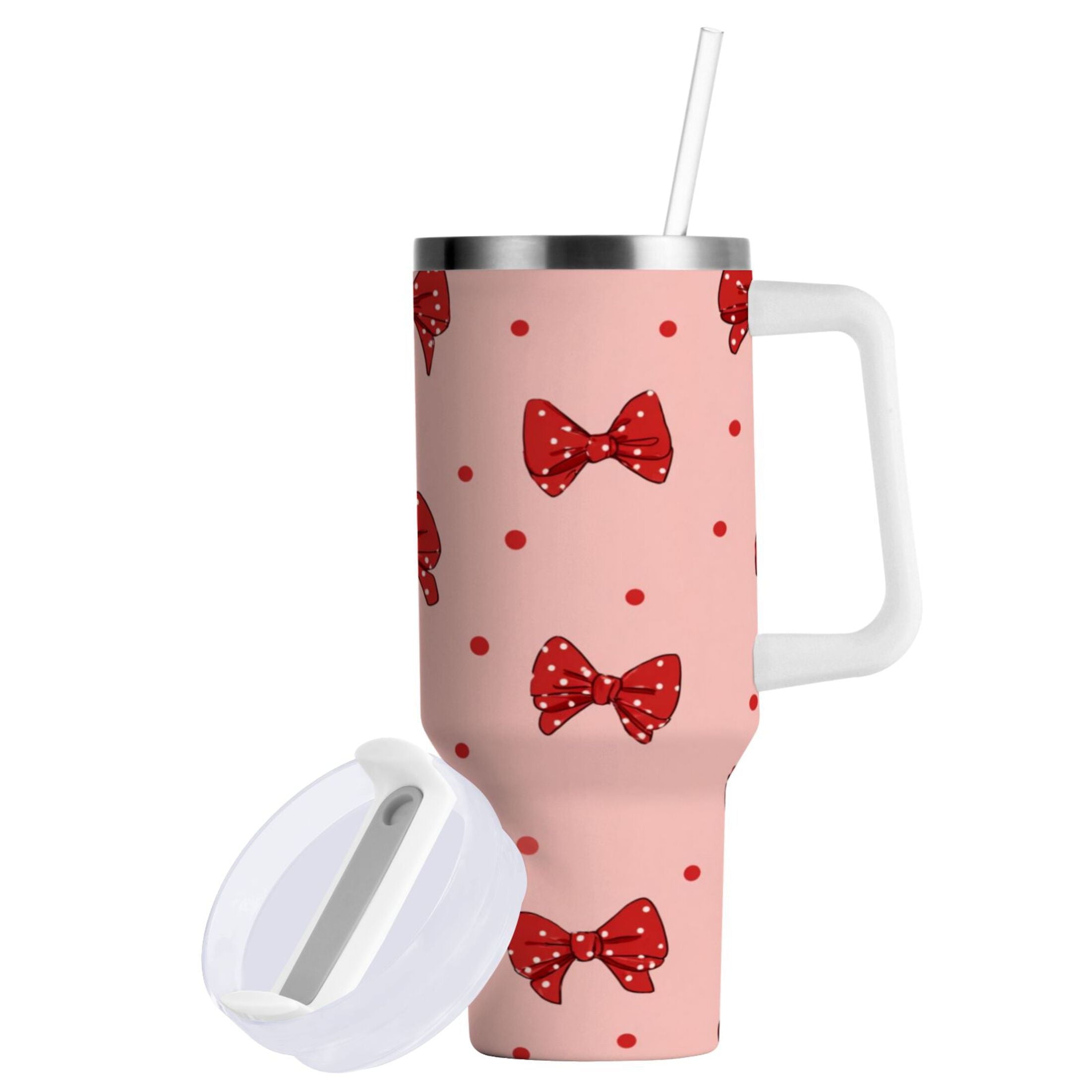 40 oz Insulated Stainless Steel Tumbler Double Wall Stainless Steel Tumbler with 2-Way Drinking Red Bows and Polka Dots Edition-RGW3