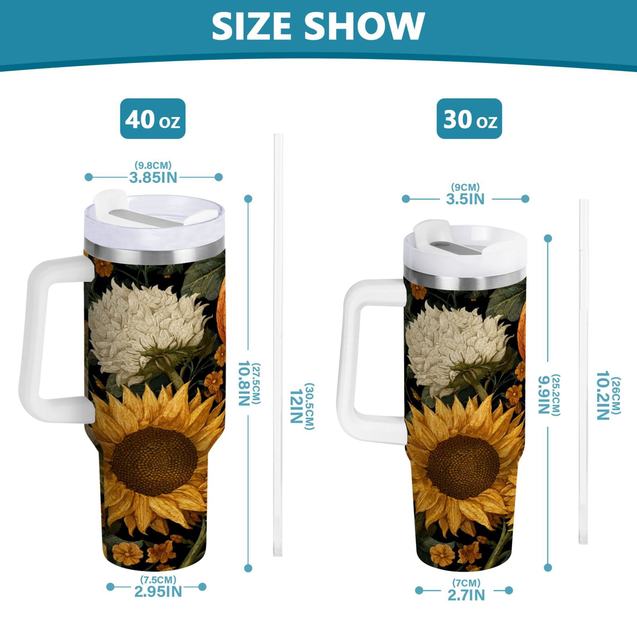 40 oz Insulated Stainless Steel Tumbler Double Wall Stainless Steel Tumbler with 2-Way Drinking Pumpkins and Sunflowers Pattern Edition-HSMJ