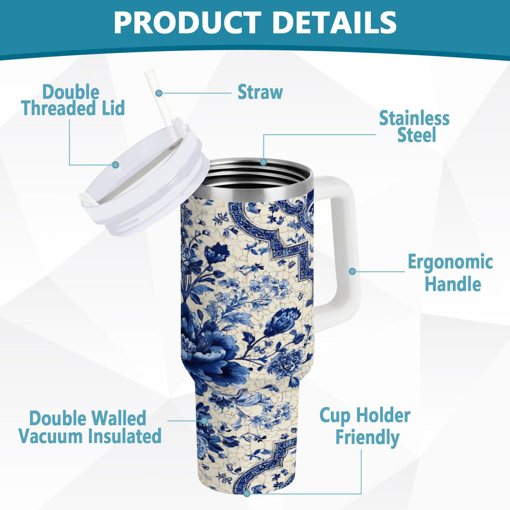 30 oz Insulated Stainless Steel Tumbler Double Wall Stainless Steel Tumbler with 2-Way Drinking Blue and White Porcelain-style Edition-QSUP