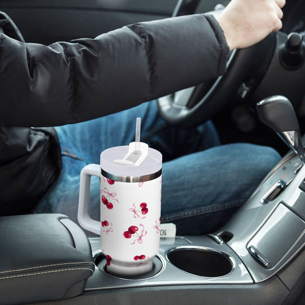 30 oz Insulated Stainless Steel Tumbler Double Wall Stainless Steel Tumbler with 2-Way Drinking Watercolor Cherries Pattern Edition-CFP1