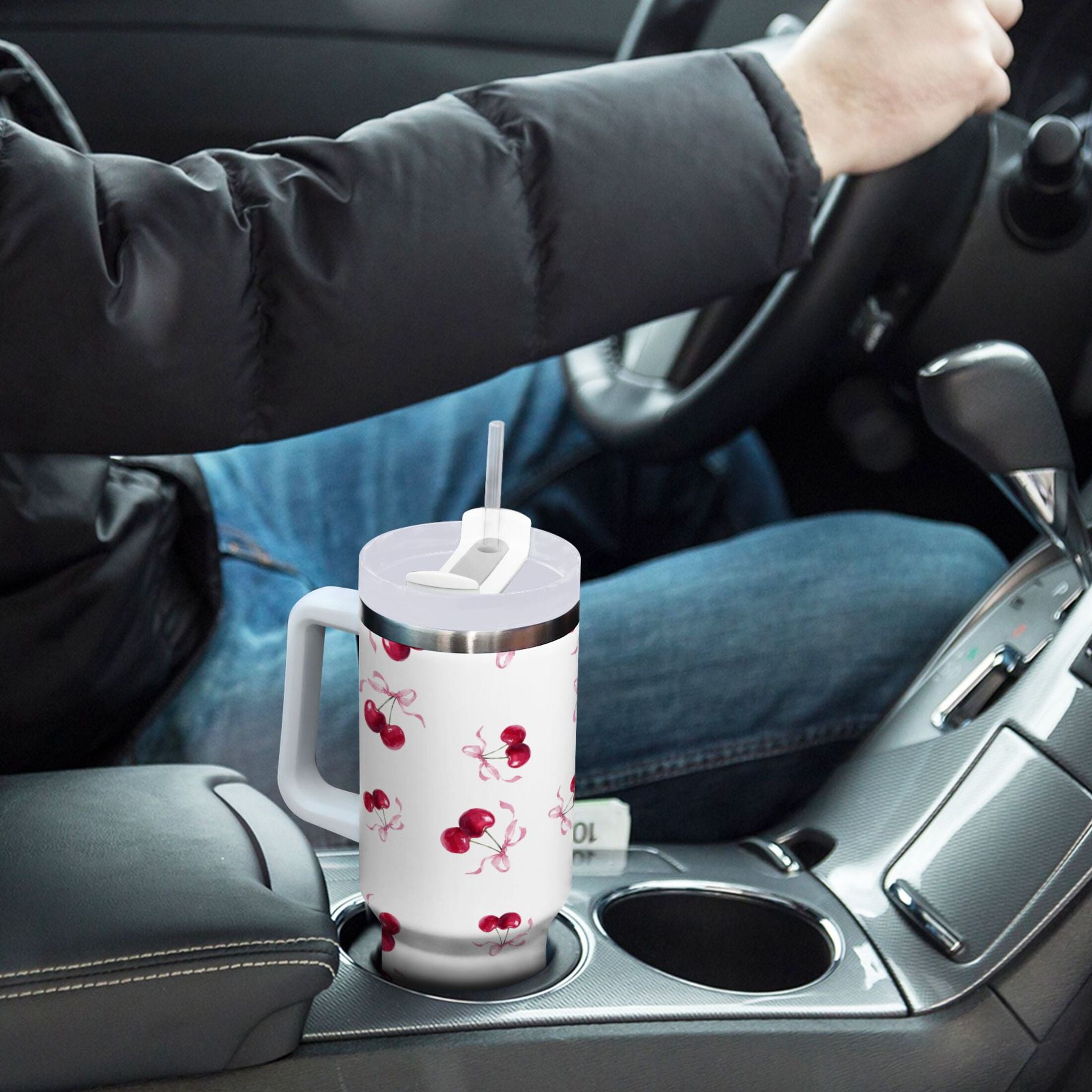 30 oz Insulated Stainless Steel Tumbler Double Wall Stainless Steel Tumbler with 2-Way Drinking Watercolor Cherries Pattern Edition-CFP1