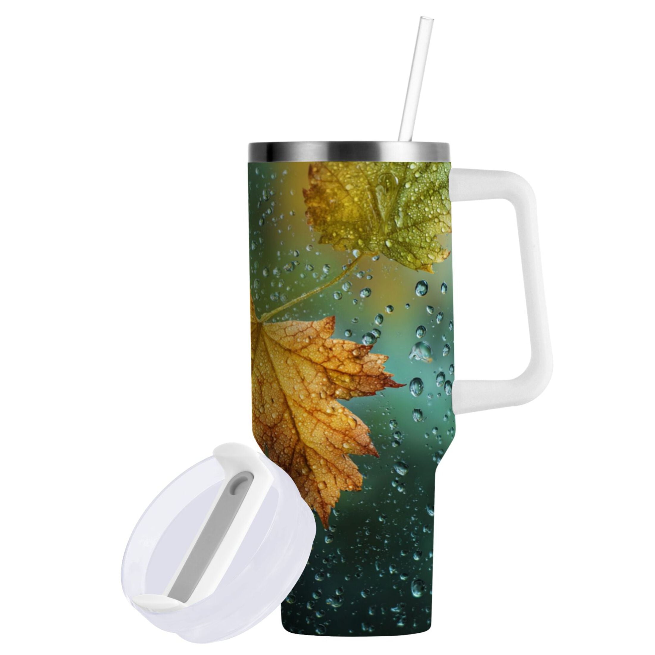 30 oz Insulated Stainless Steel Tumbler Double Wall Stainless Steel Tumbler with 2-Way Drinking Leaves with Water Droplets Edition-4Z0Q