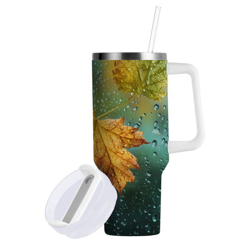 30 oz Insulated Stainless Steel Tumbler Double Wall Stainless Steel Tumbler with 2-Way Drinking Leaves with Water Droplets Edition-4Z0Q