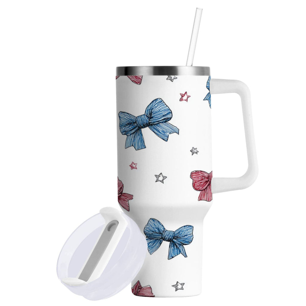 40 oz Insulated Stainless Steel Tumbler Double Wall Stainless Steel Tumbler with 2-Way Drinking Red and Blue Stripes Bows Edition-W2IB