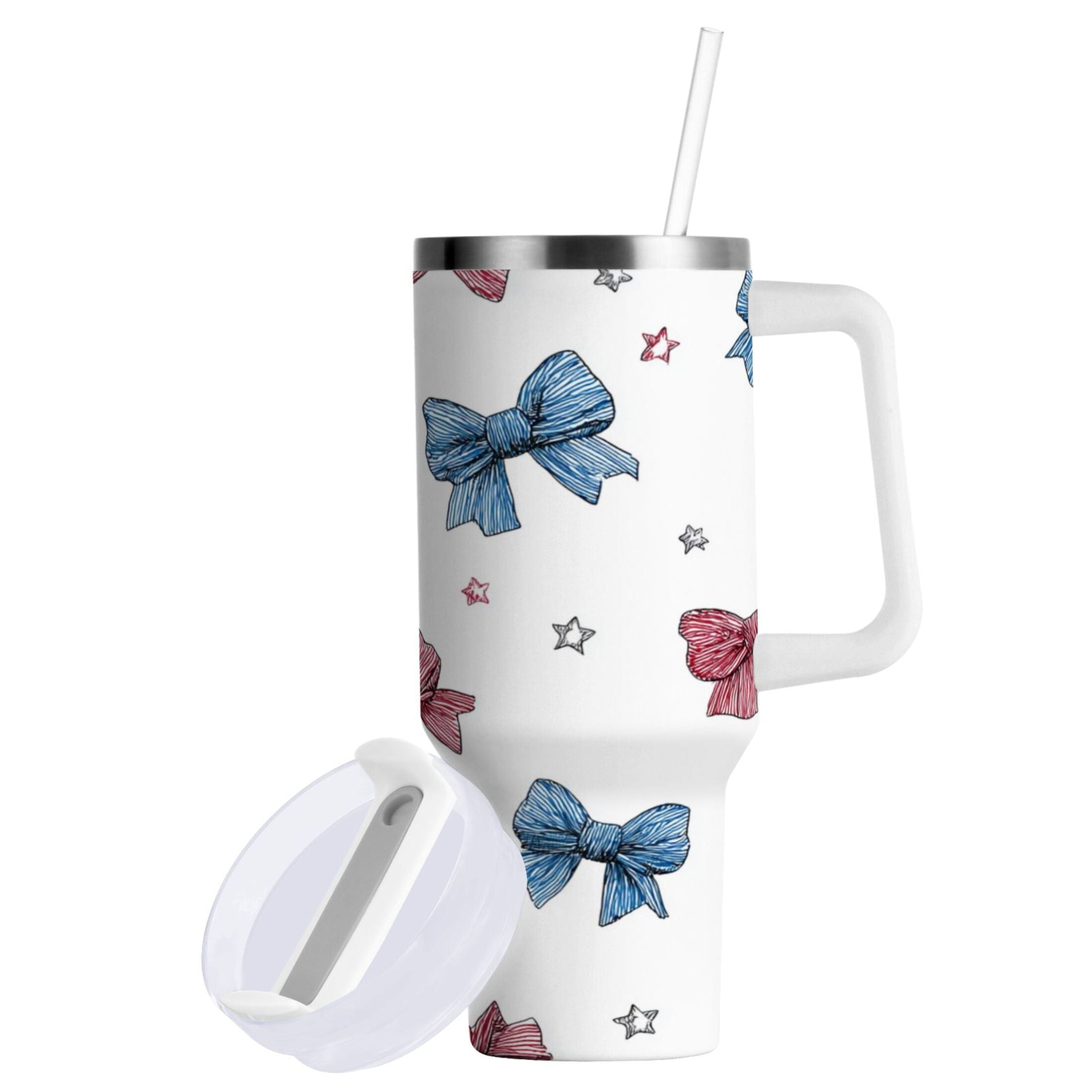 40 oz Insulated Stainless Steel Tumbler Double Wall Stainless Steel Tumbler with 2-Way Drinking Red and Blue Stripes Bows Edition-W2IB