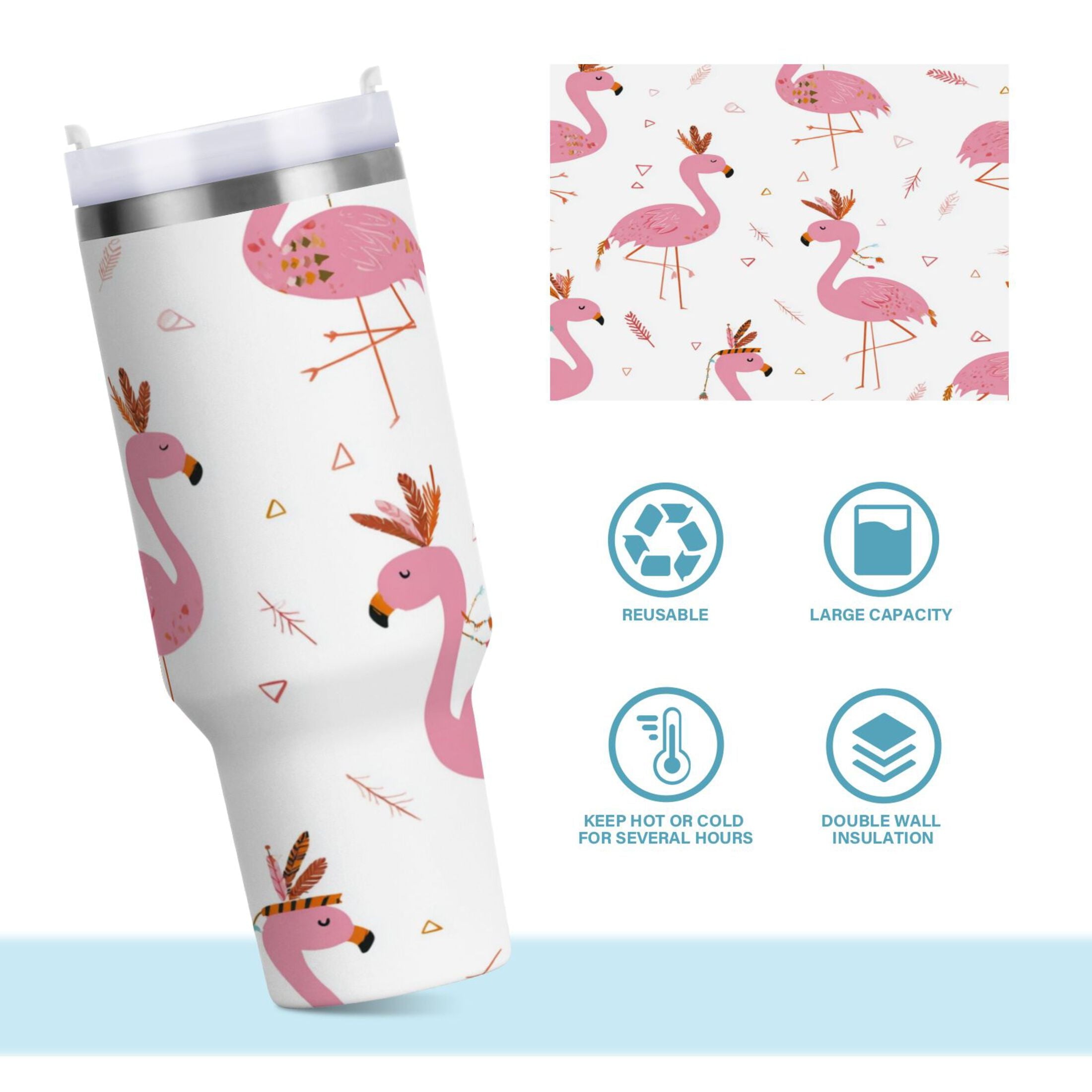 40 oz Insulated Stainless Steel Tumbler Double Wall Stainless Steel Tumbler with 2-Way Drinking Cute Pink Flamingo Pattern Edition-B0M7