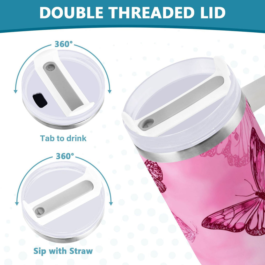 40 oz Insulated Stainless Steel Tumbler Double Wall Stainless Steel Tumbler with 2-Way Drinking Pink Butterfly Pattern Edition-BXAN