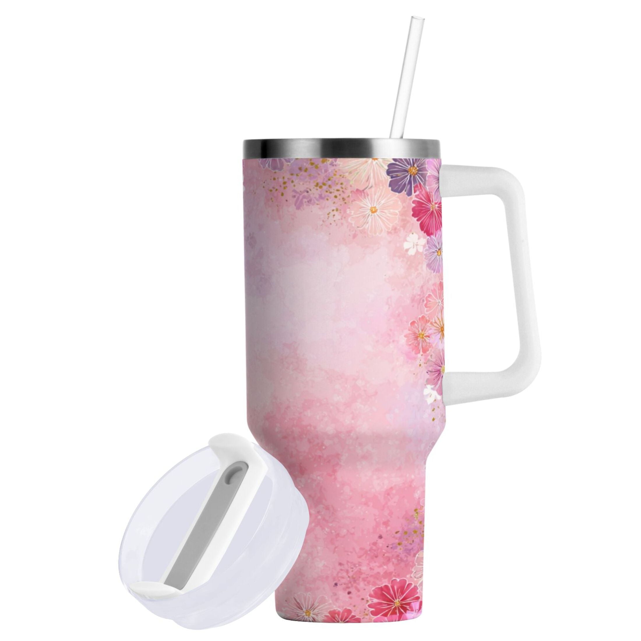 30 oz Insulated Stainless Steel Tumbler Double Wall Stainless Steel Tumbler with 2-Way Drinking Colorful Pastel Floral Pattern Edition-VFF3