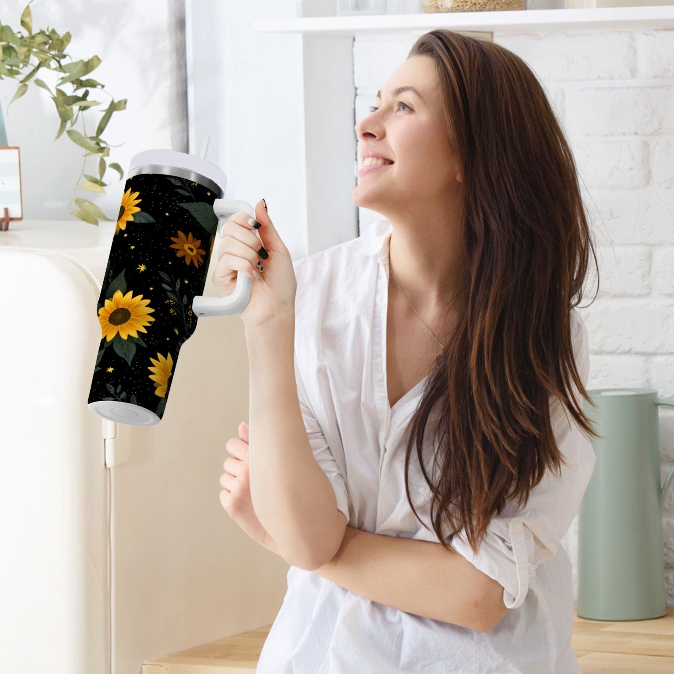 30 oz Insulated Stainless Steel Tumbler Double Wall Stainless Steel Tumbler with 2-Way Drinking Yellow Sunflower Pattern Edition-7NHV