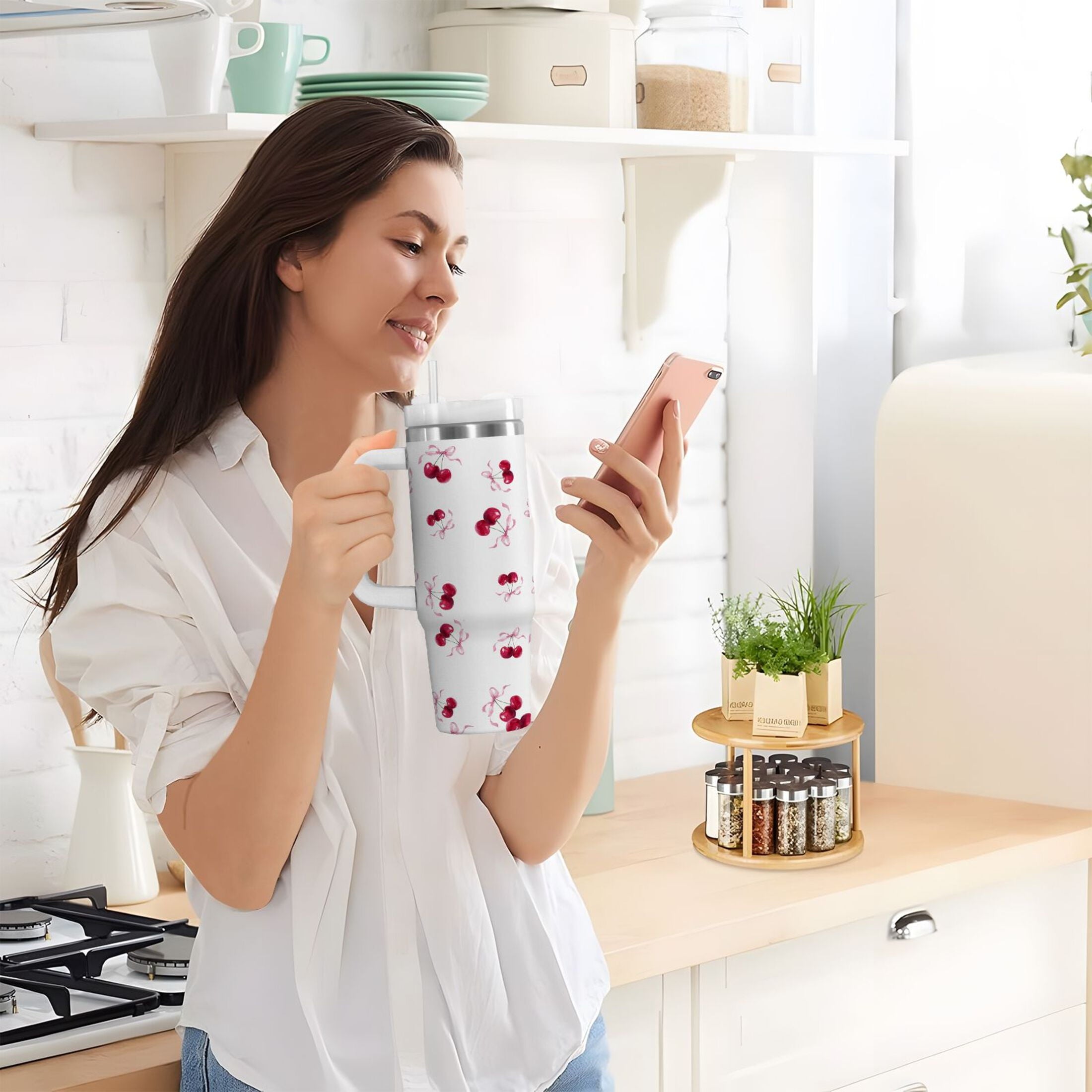 30 oz Insulated Stainless Steel Tumbler Double Wall Stainless Steel Tumbler with 2-Way Drinking Watercolor Cherries Pattern Edition-CFP1