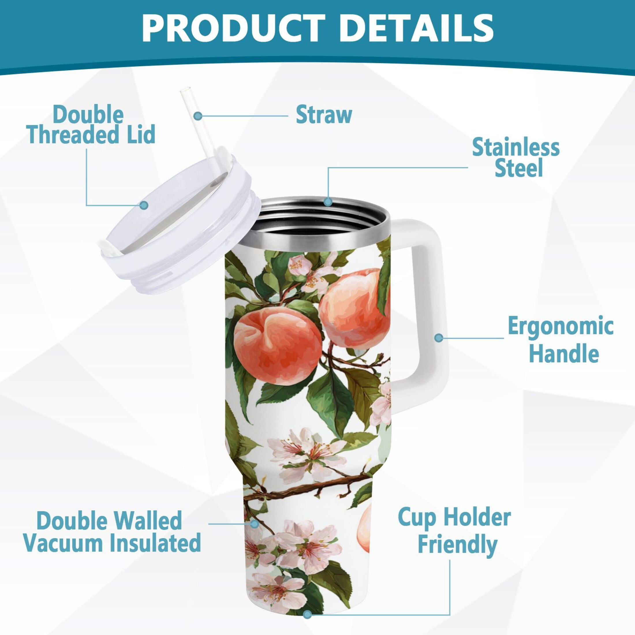 30 oz Insulated Stainless Steel Tumbler Double Wall Stainless Steel Tumbler with 2-Way Drinking Peach Fruit Pattern Edition-M2ZA