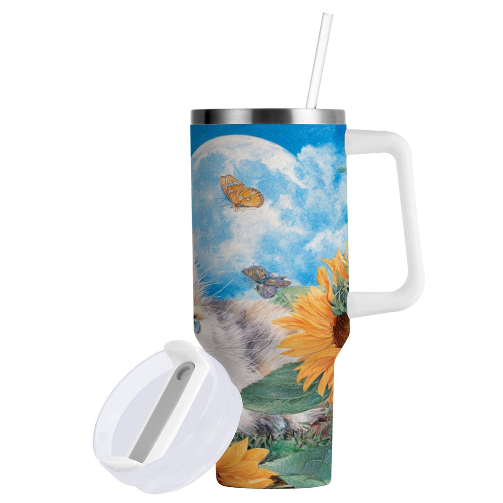 40 oz Insulated Stainless Steel Tumbler Double Wall Stainless Steel Tumbler with 2-Way Drinking Playful Cat Lying Sunflowers Edition-BO3C