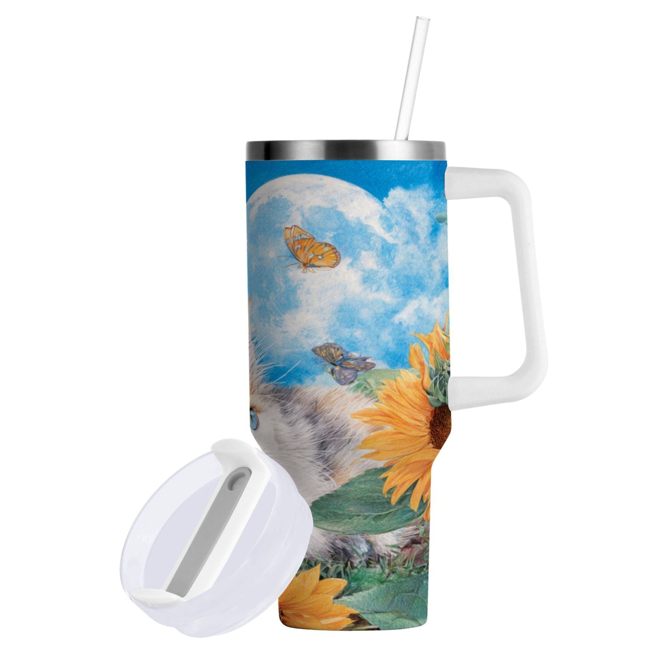 40 oz Insulated Stainless Steel Tumbler Double Wall Stainless Steel Tumbler with 2-Way Drinking Playful Cat Lying Sunflowers Edition-BO3C