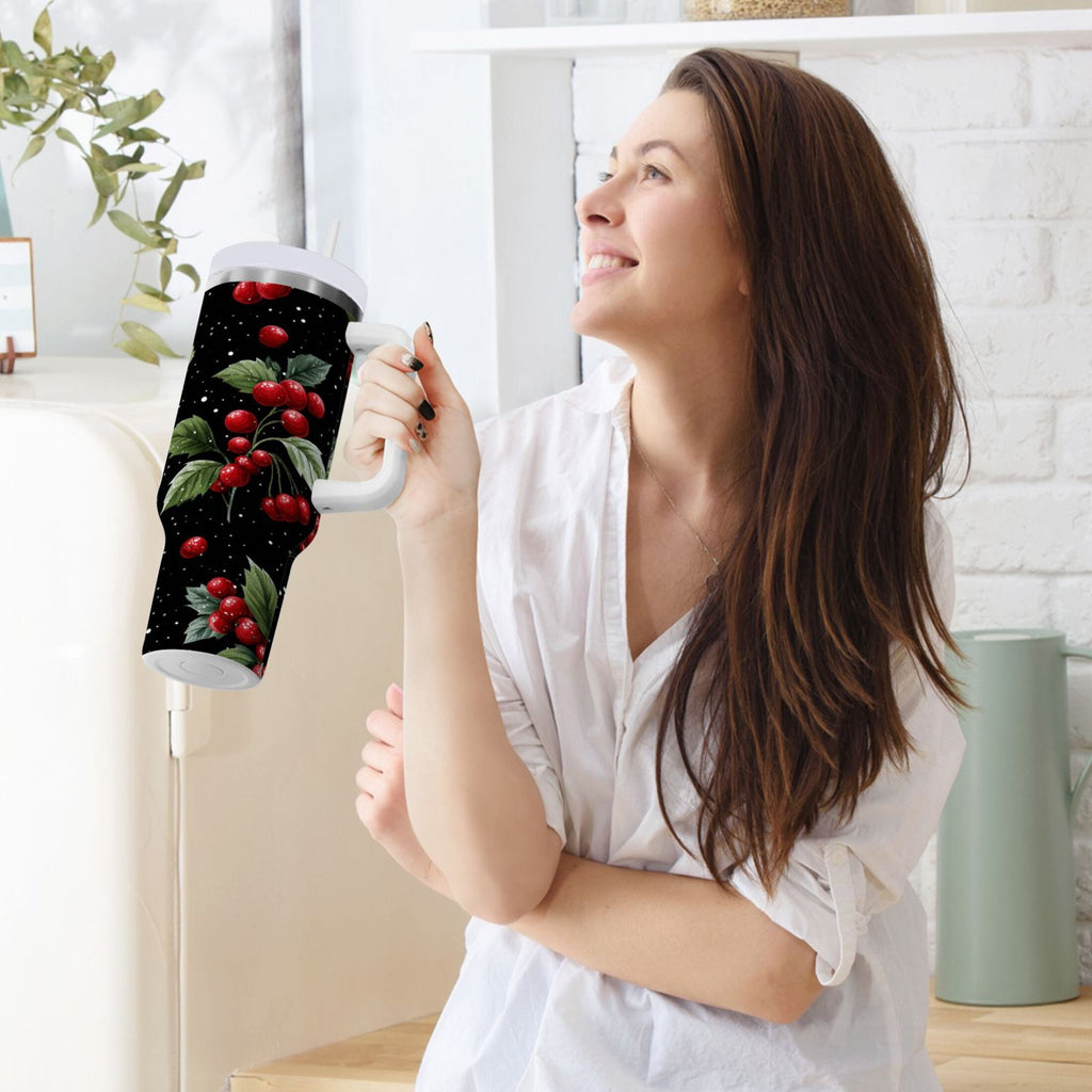 40 oz Insulated Stainless Steel Tumbler Double Wall Stainless Steel Tumbler with 2-Way Drinking Red Holly Berries Pattern Edition-537V
