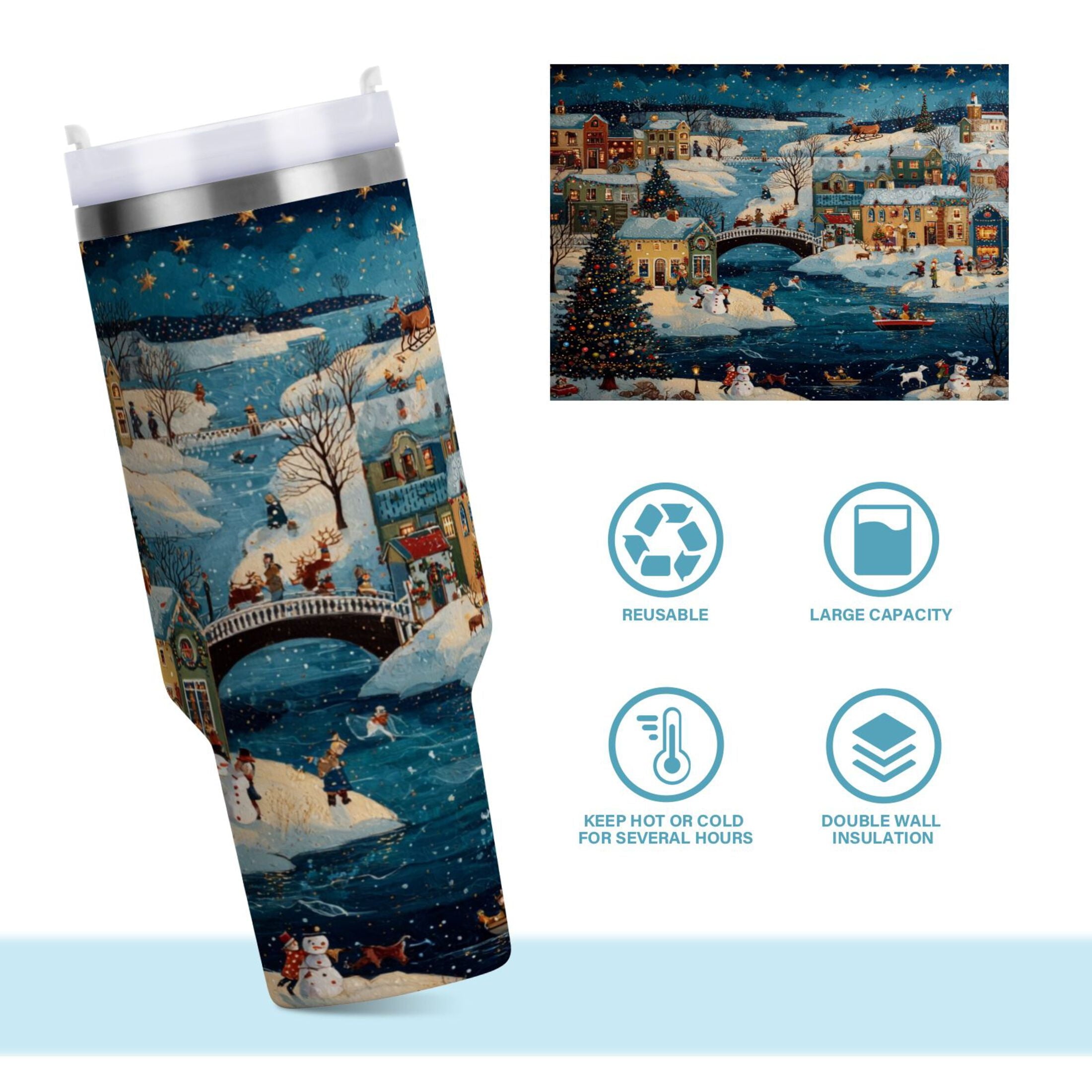 30 oz Insulated Stainless Steel Tumbler Double Wall Stainless Steel Tumbler with 2-Way Drinking Whimsical Christmas Scene Edition-NG7S