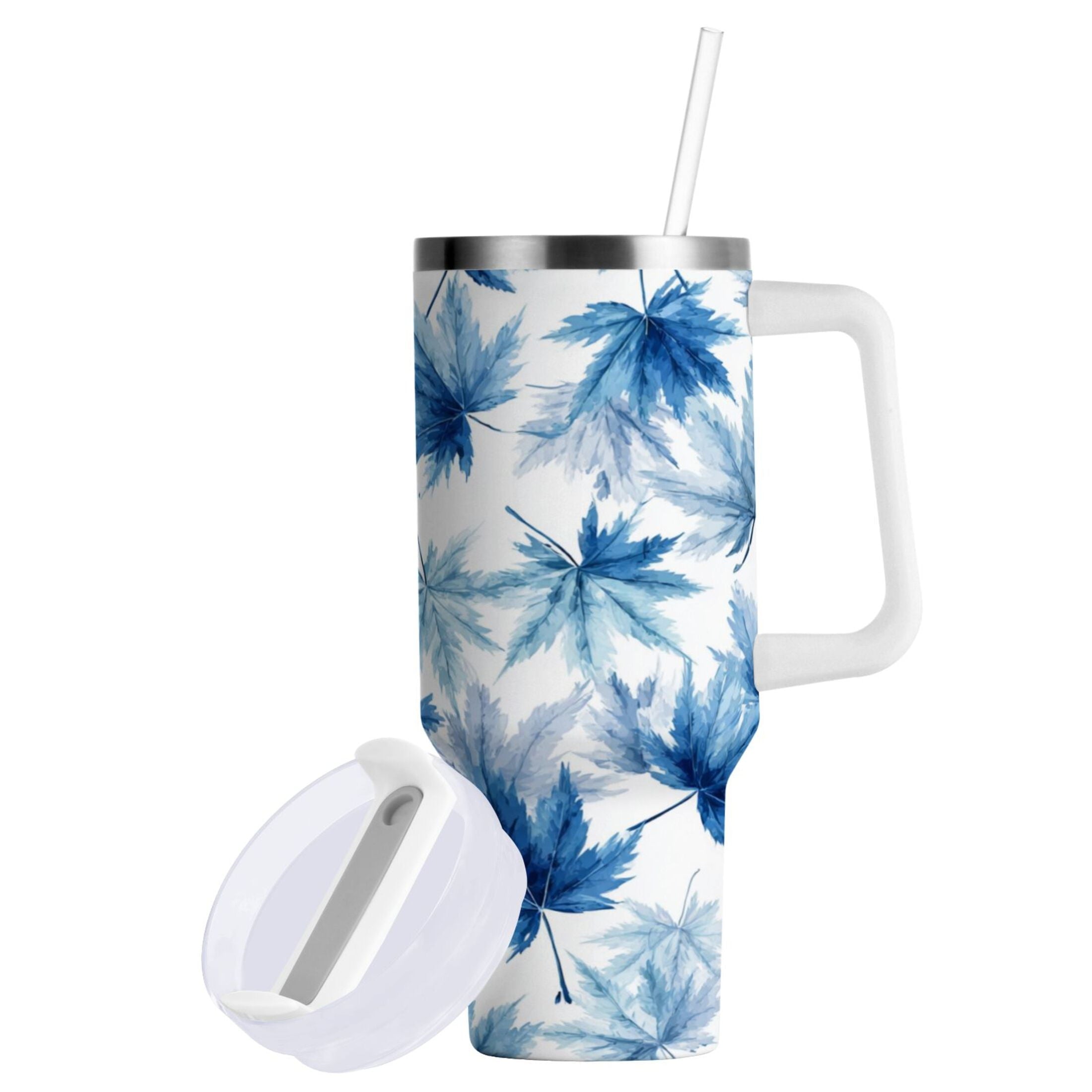 30 oz Insulated Stainless Steel Tumbler Double Wall Stainless Steel Tumbler with 2-Way Drinking Abstract Blue Maple Leaves Edition-19WP