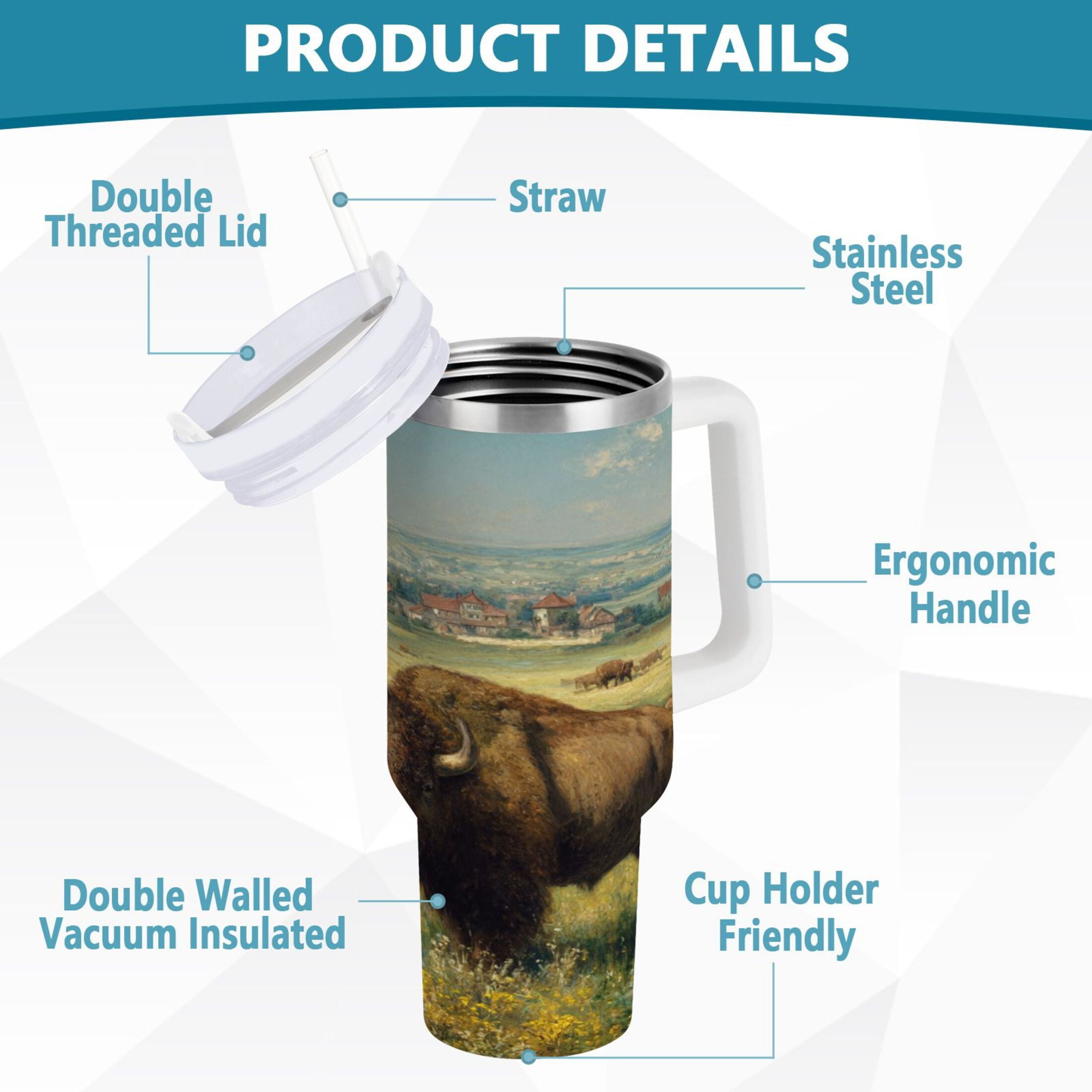30 oz Insulated Stainless Steel Tumbler Double Wall Stainless Steel Tumbler with 2-Way Drinking Buffalo Herd Oil Painting Edition-SWI2
