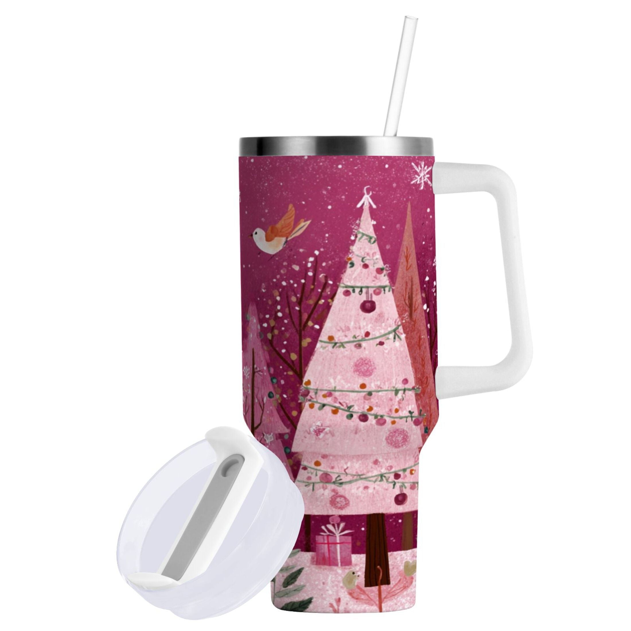 40 oz Insulated Stainless Steel Tumbler Double Wall Stainless Steel Tumbler with 2-Way Drinking Pink Christmas Forest Edition-82N0