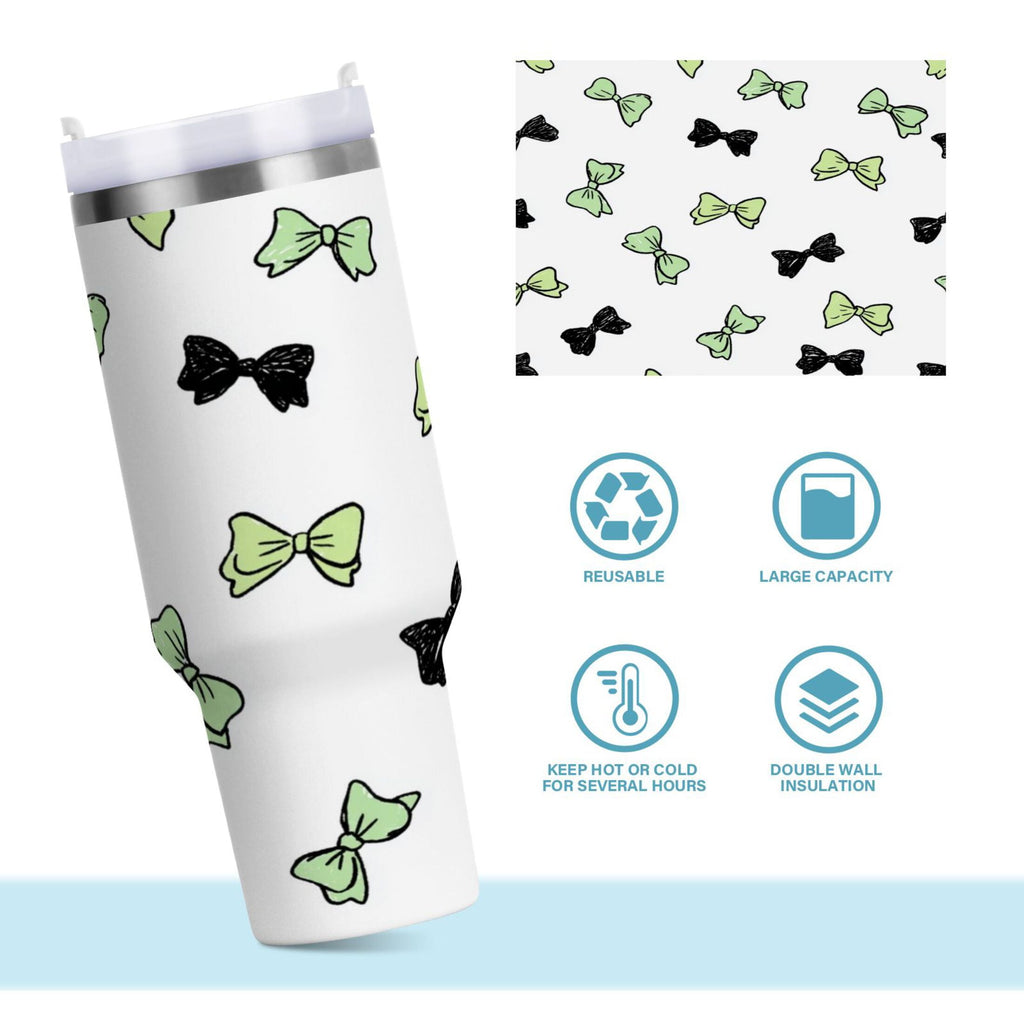 40 oz Insulated Stainless Steel Tumbler Double Wall Stainless Steel Tumbler with 2-Way Drinking Green and Black Bows Edition-MYWK