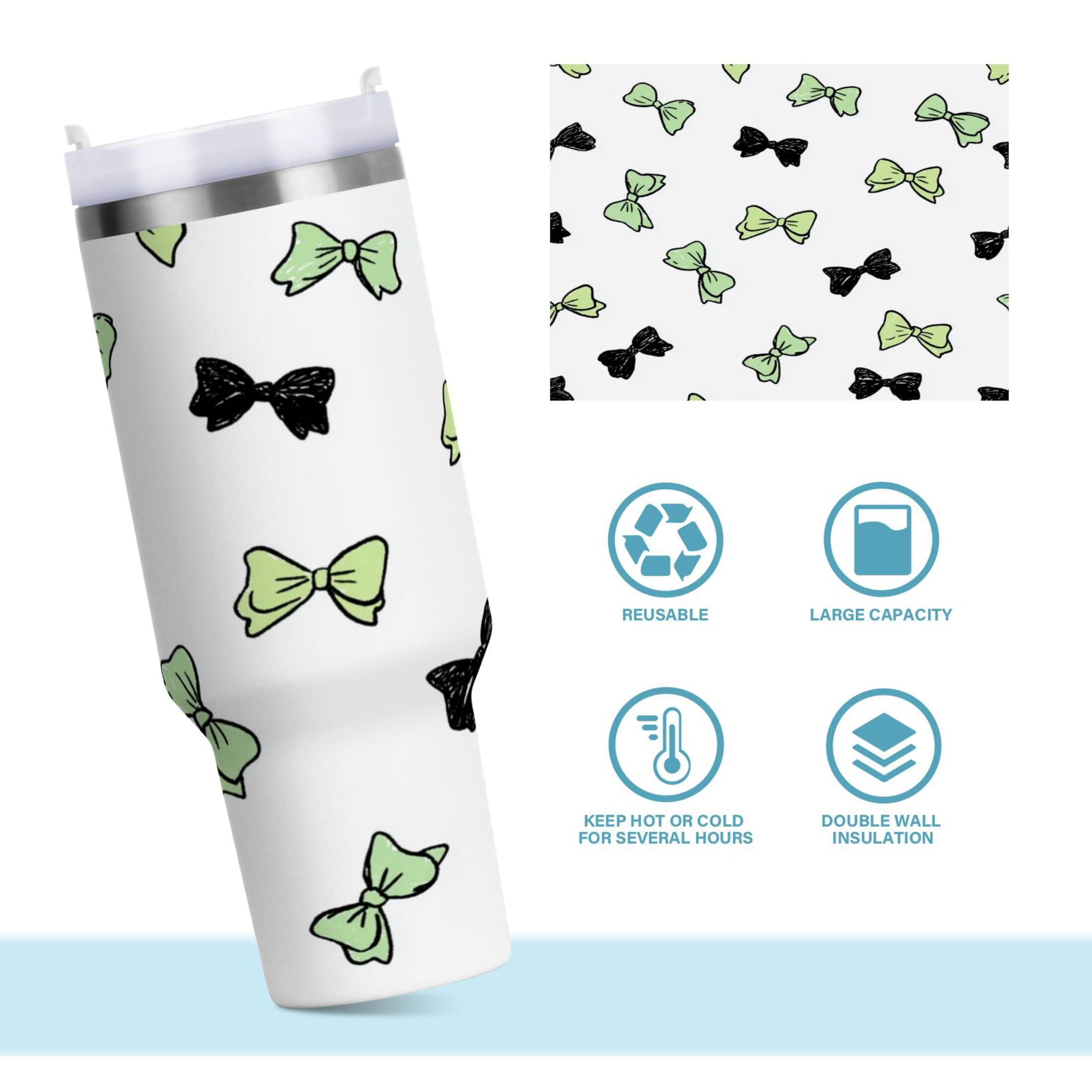 40 oz Insulated Stainless Steel Tumbler Double Wall Stainless Steel Tumbler with 2-Way Drinking Green and Black Bows Edition-MYWK