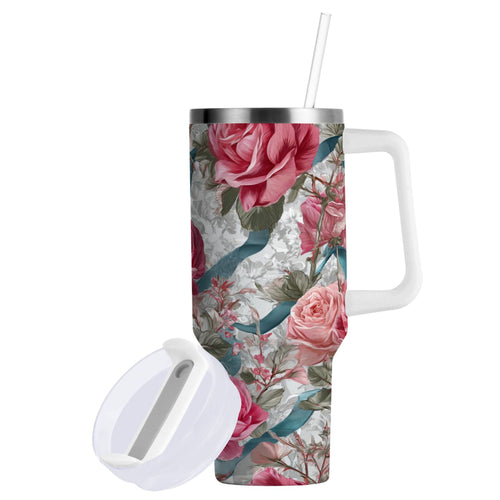 30 oz Insulated Stainless Steel Tumbler Double Wall Stainless Steel Tumbler with 2-Way Drinking Roses and Ribbons Edition-JE1H