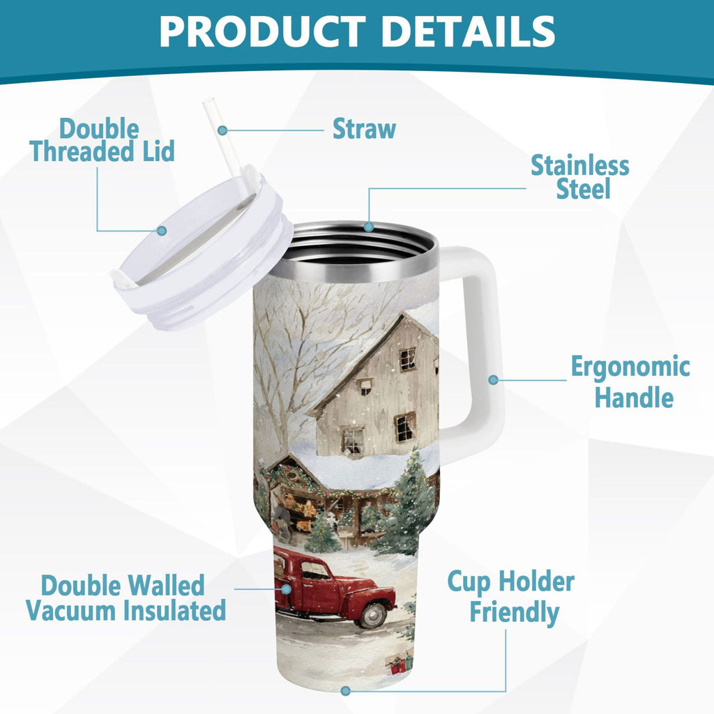 40 oz Insulated Stainless Steel Tumbler Double Wall Stainless Steel Tumbler with 2-Way Drinking Farm Snow Scene Edition-R2SL