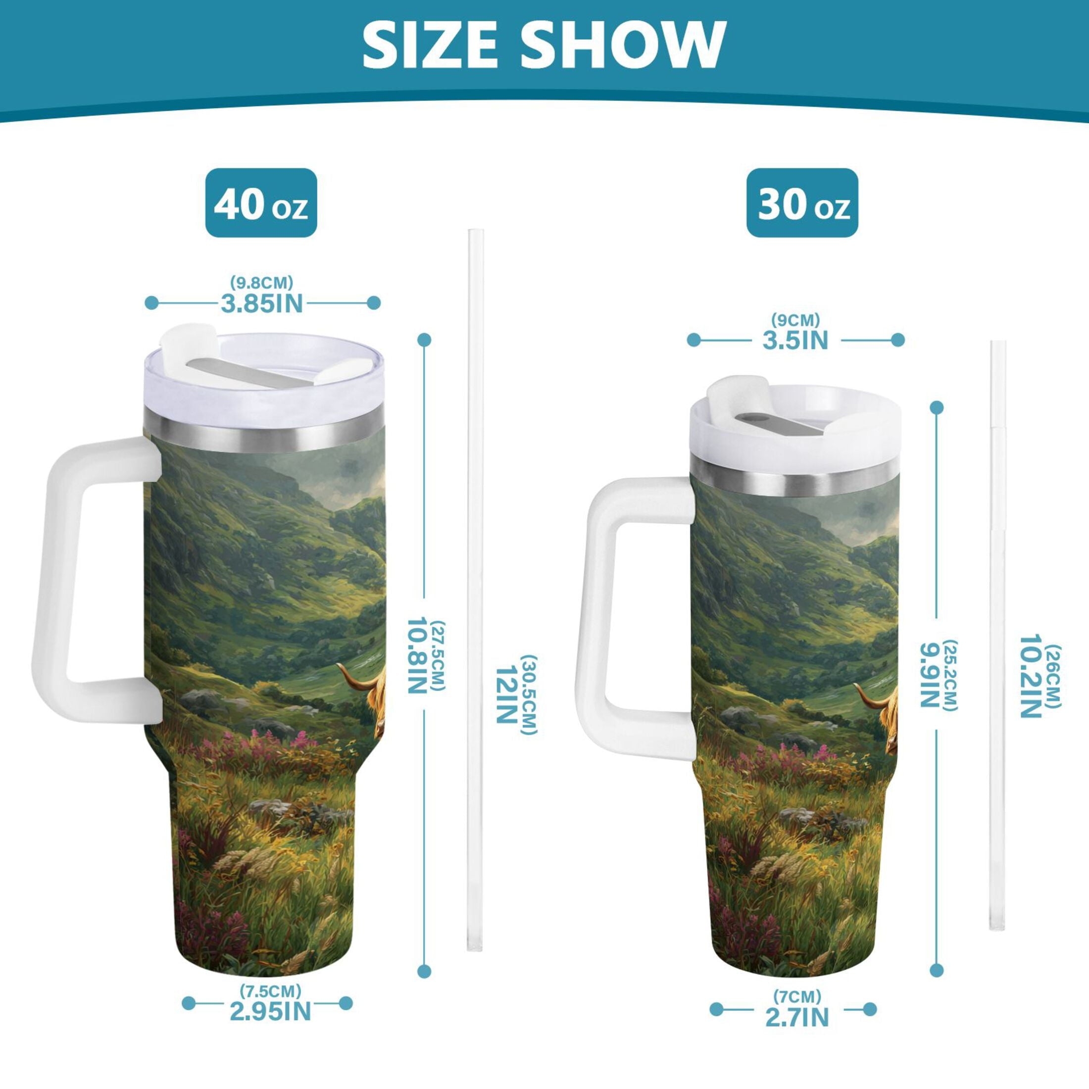 30 oz Insulated Stainless Steel Tumbler Double Wall Stainless Steel Tumbler with 2-Way Drinking Cow in Green Rolling Hills Edition-S5Y4
