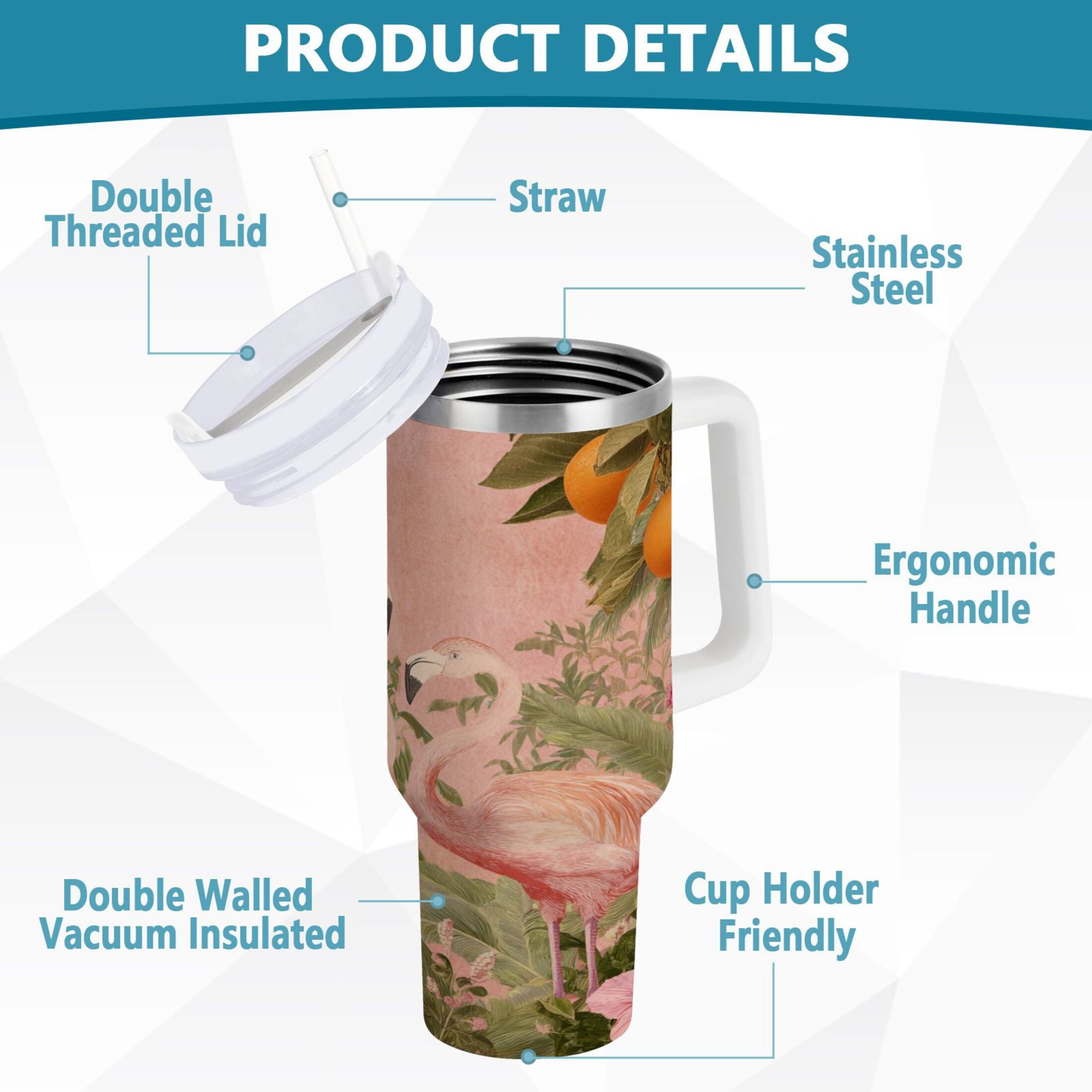 40 oz Insulated Stainless Steel Tumbler Double Wall Stainless Steel Tumbler with 2-Way Drinking Flamingos in Tropical Garden Edition-HXK2