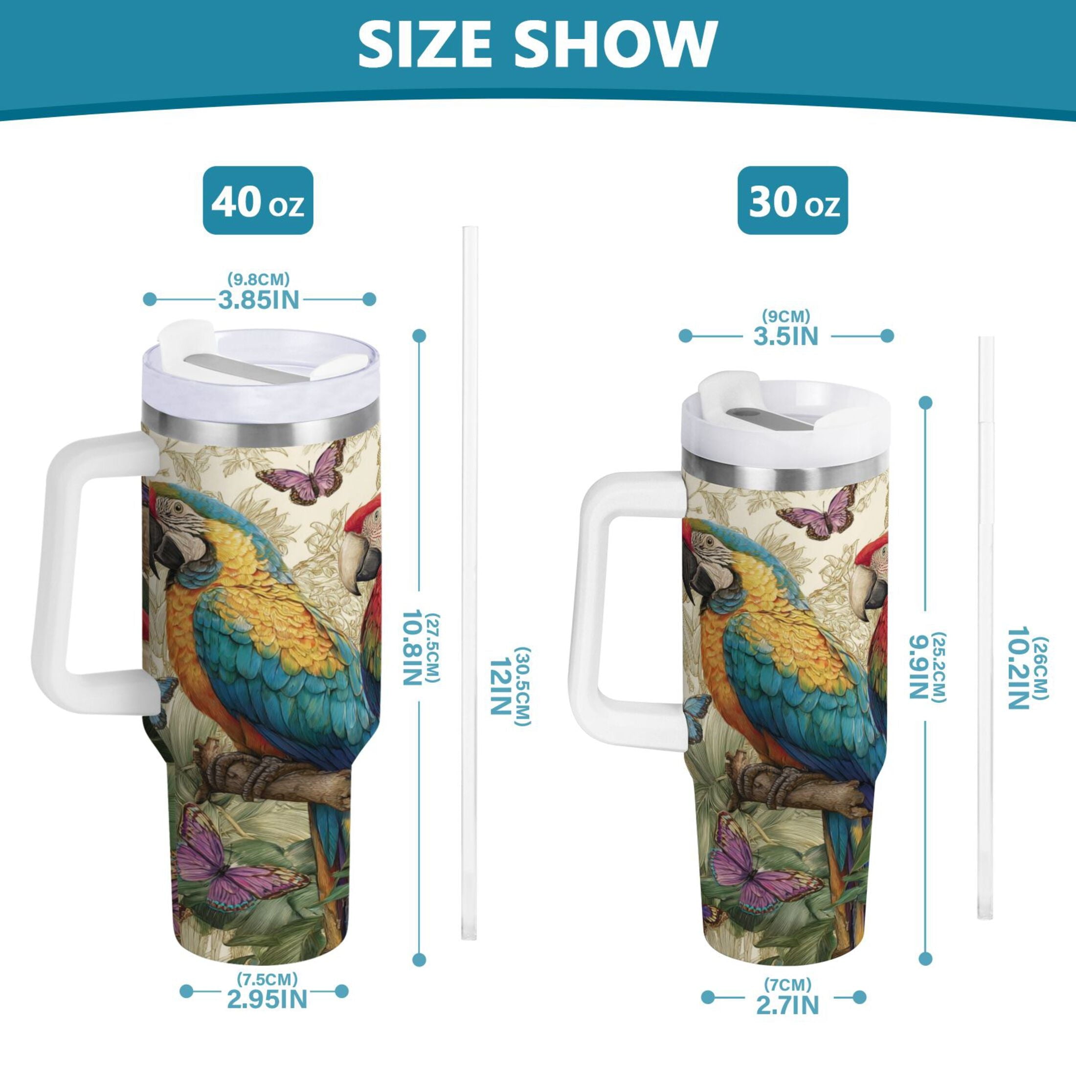 30 oz Insulated Stainless Steel Tumbler Double Wall Stainless Steel Tumbler with 2-Way Drinking Colorful Beautiful Parrots Edition-LSQ0