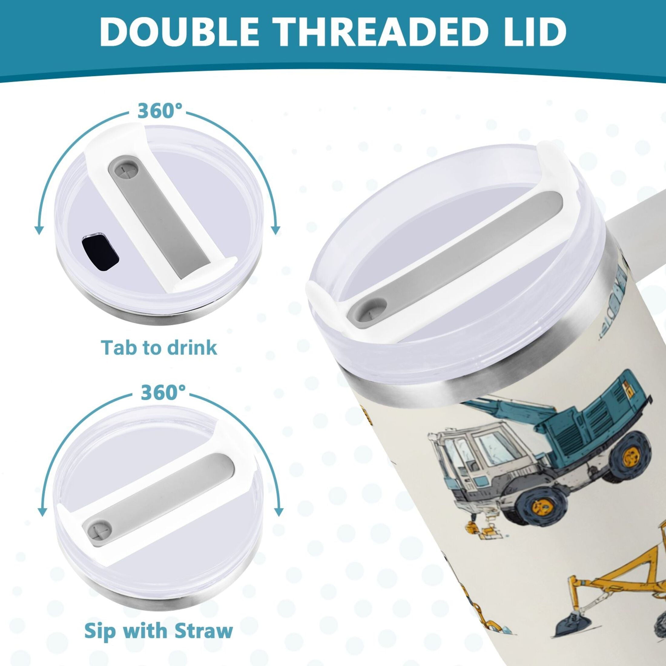 30 oz Insulated Stainless Steel Tumbler Double Wall Stainless Steel Tumbler with 2-Way Drinking Engineering Vehicle Pattern Edition-3CG3