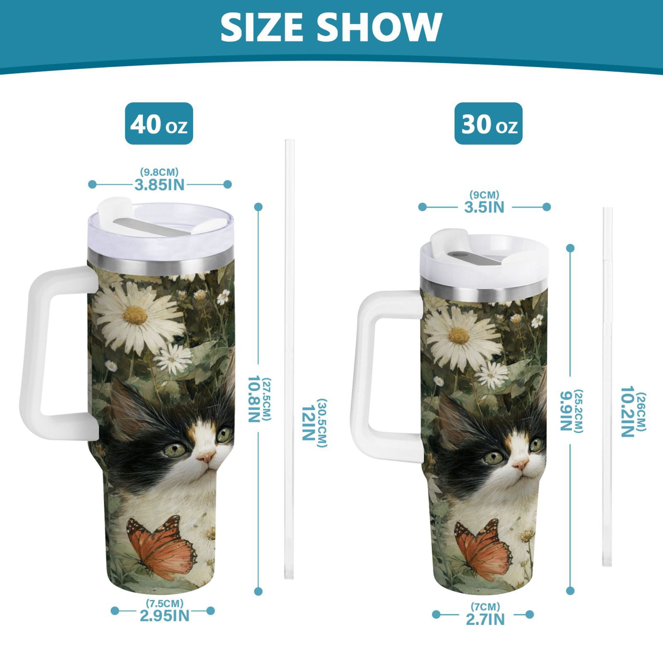 30 oz Insulated Stainless Steel Tumbler Double Wall Stainless Steel Tumbler with 2-Way Drinking Adorable Cats and Daisies Edition-E14Q