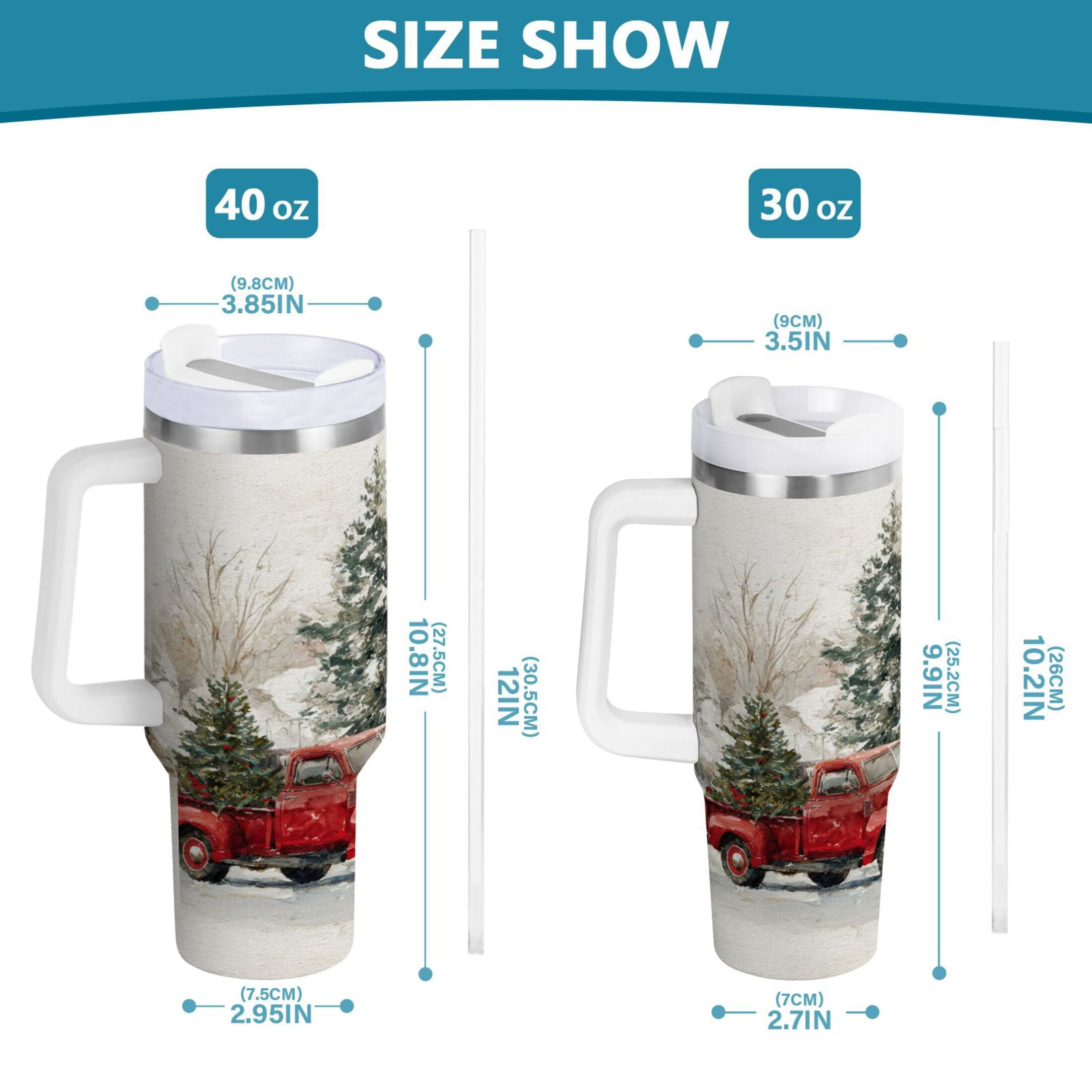 30 oz Insulated Stainless Steel Tumbler Double Wall Stainless Steel Tumbler with 2-Way Drinking Truck with Christmas Decorations Edition-KHYS