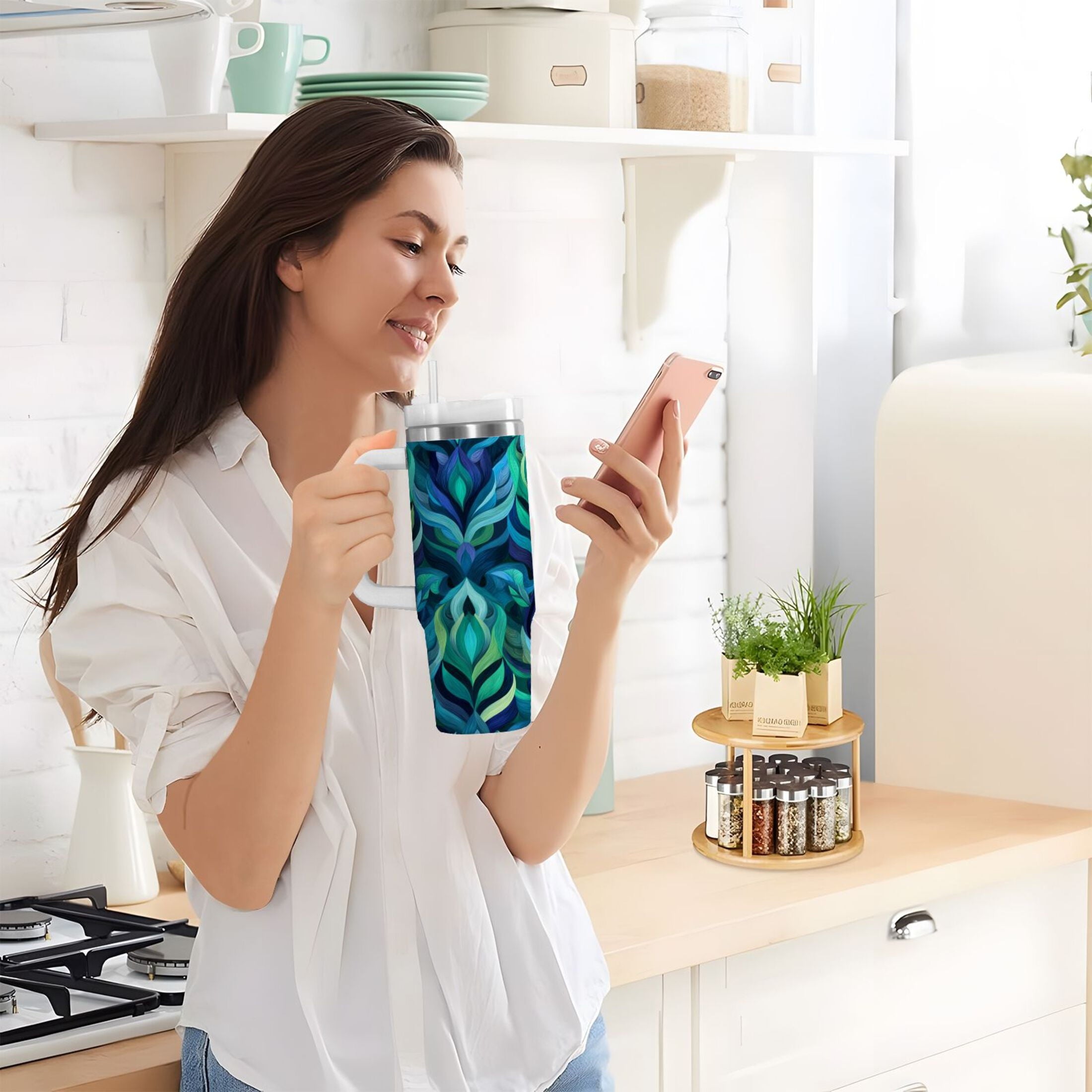 40 oz Insulated Stainless Steel Tumbler Double Wall Stainless Steel Tumbler with 2-Way Drinking Elegant Blue Abstract Shapes Edition-7654